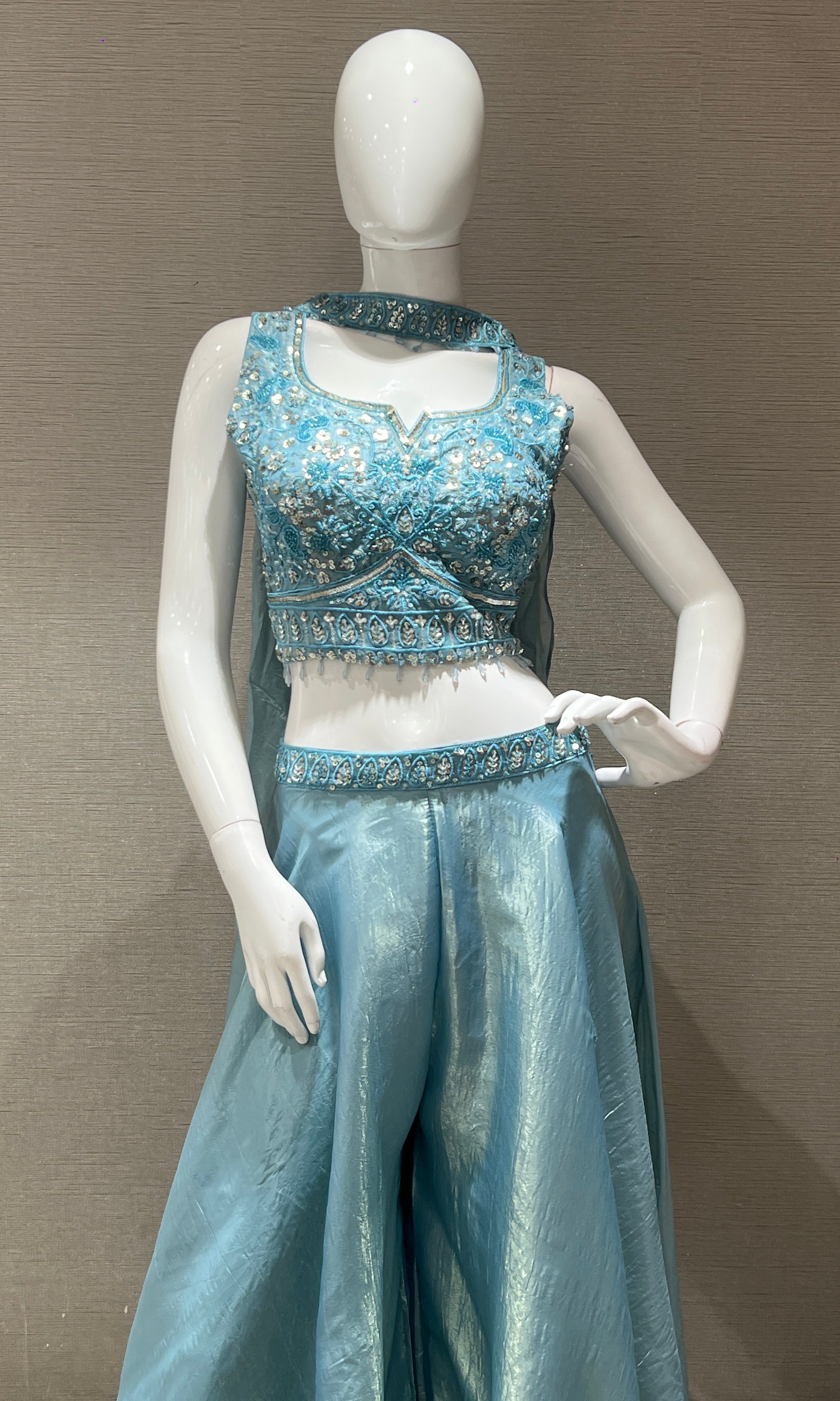 Sea Blue Sequined Embroidered Palazoo Set