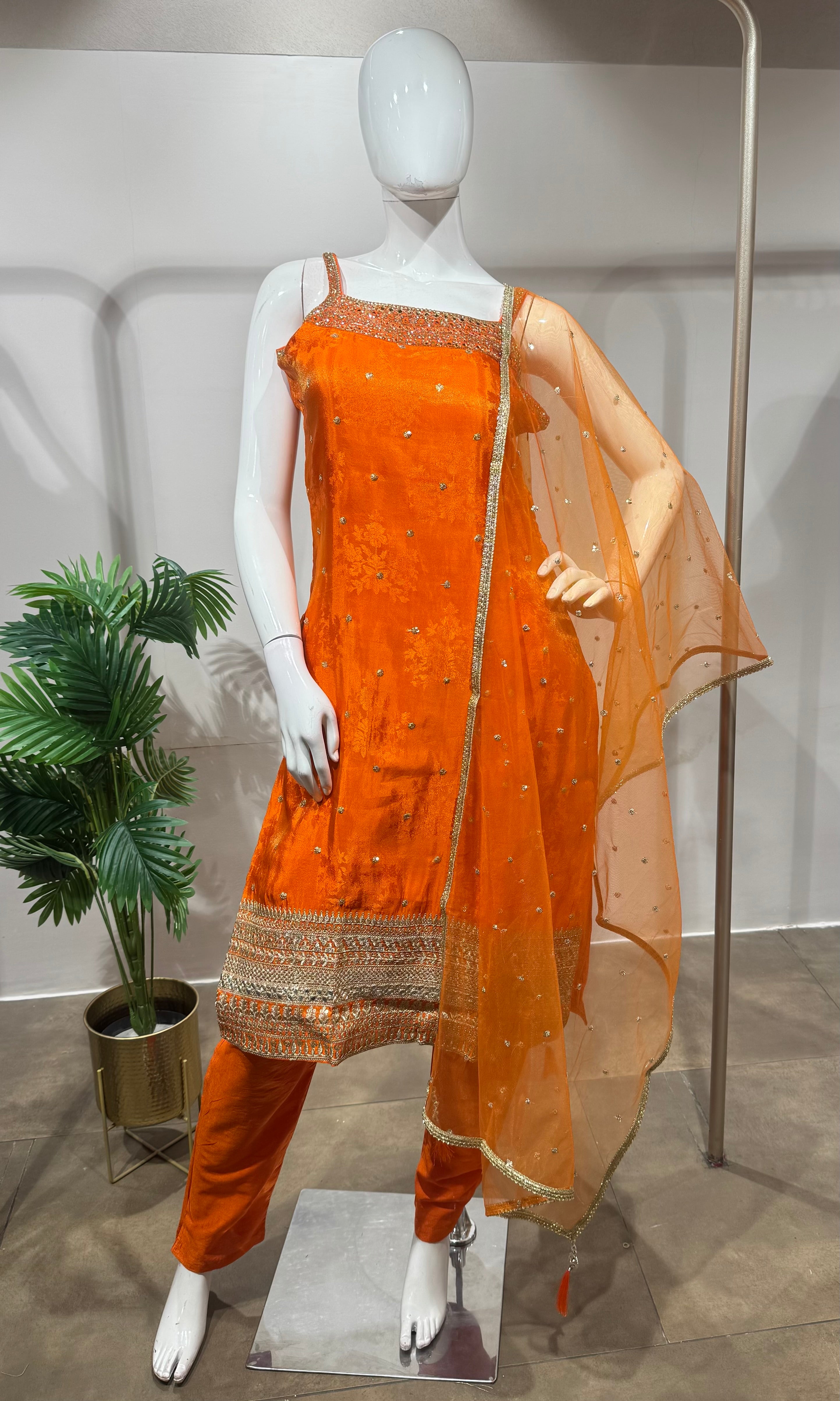 Orange silk golden kurta set