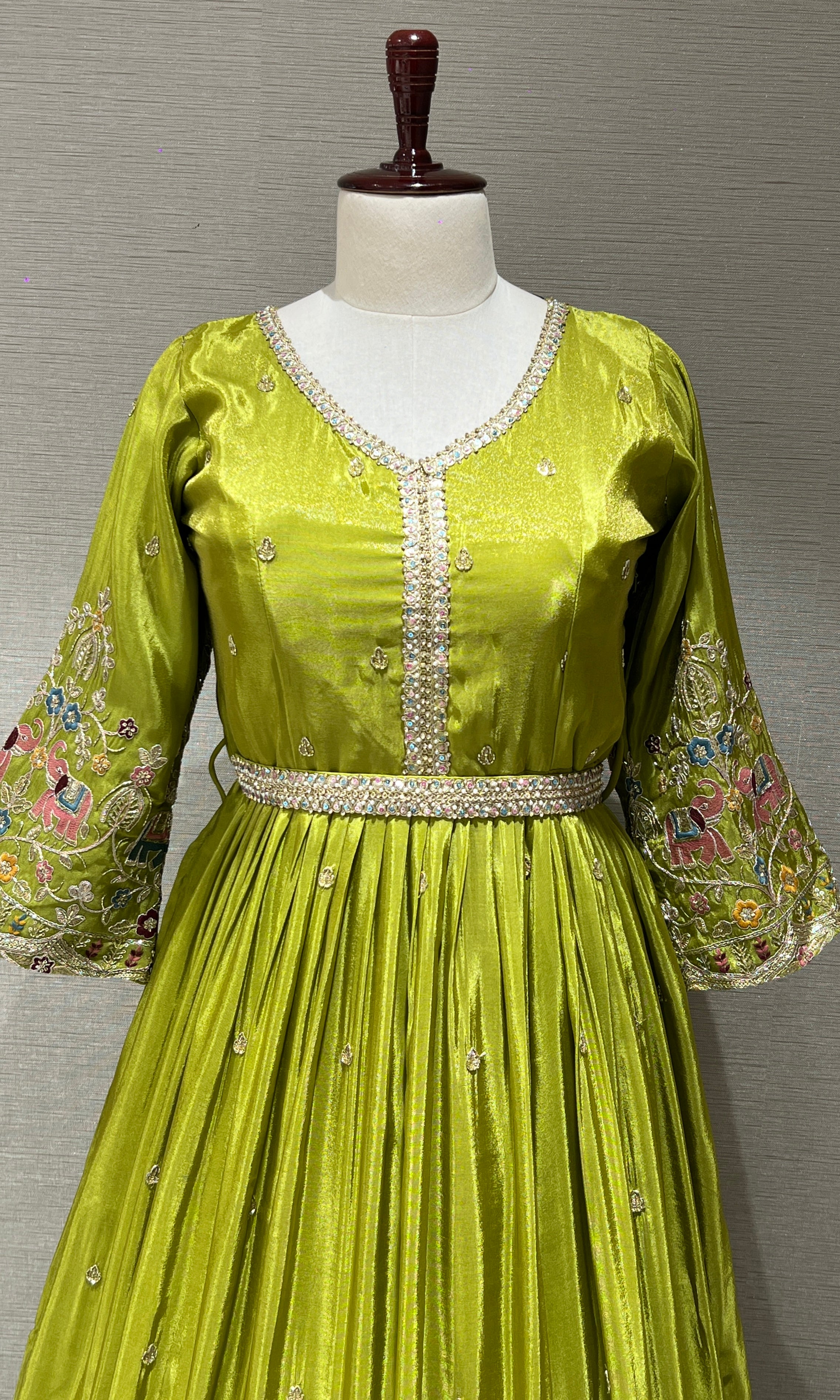 Parrot Green Anarkali Long Gown with Multicolor Thread Work