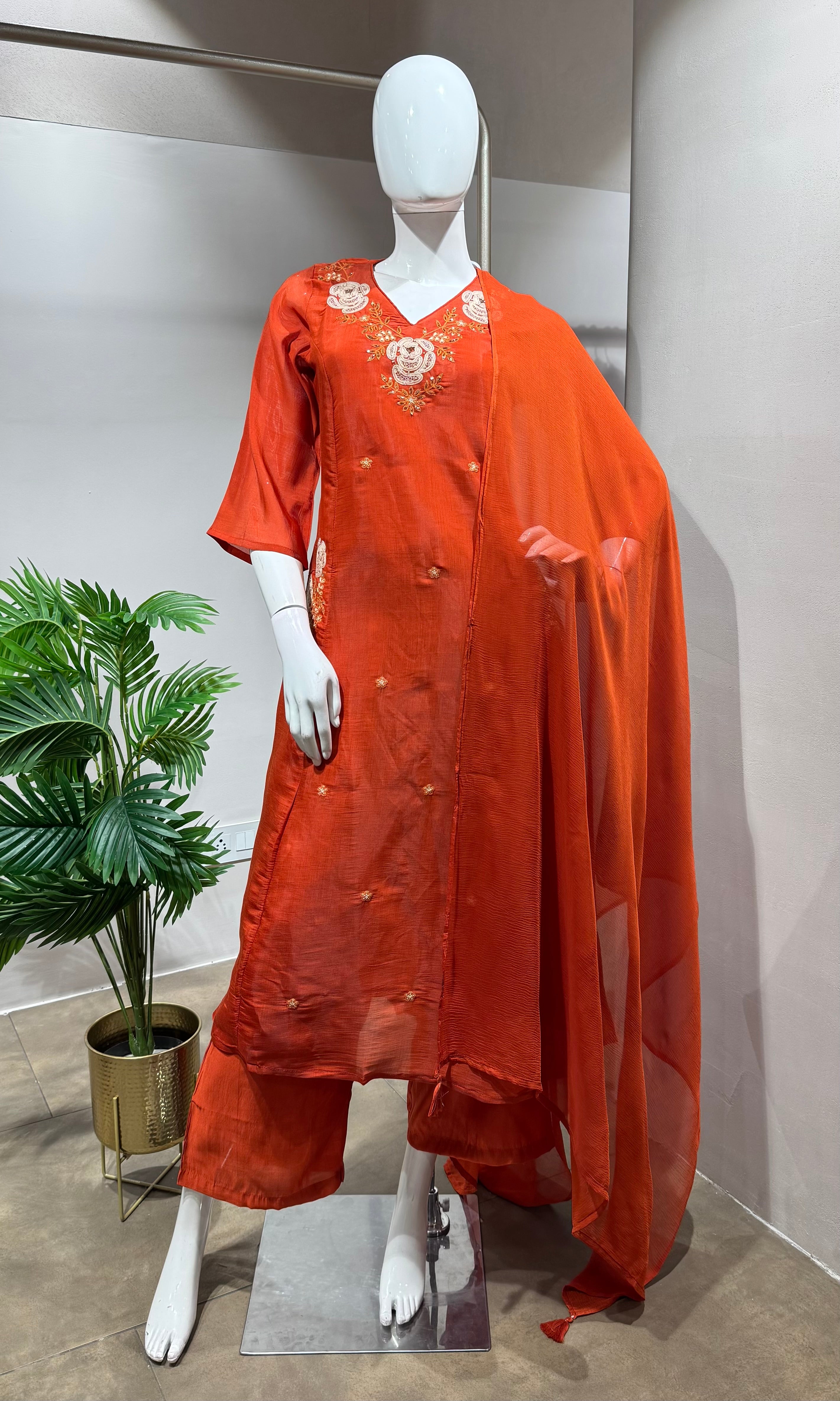 rust orange floral embroidered kurta set