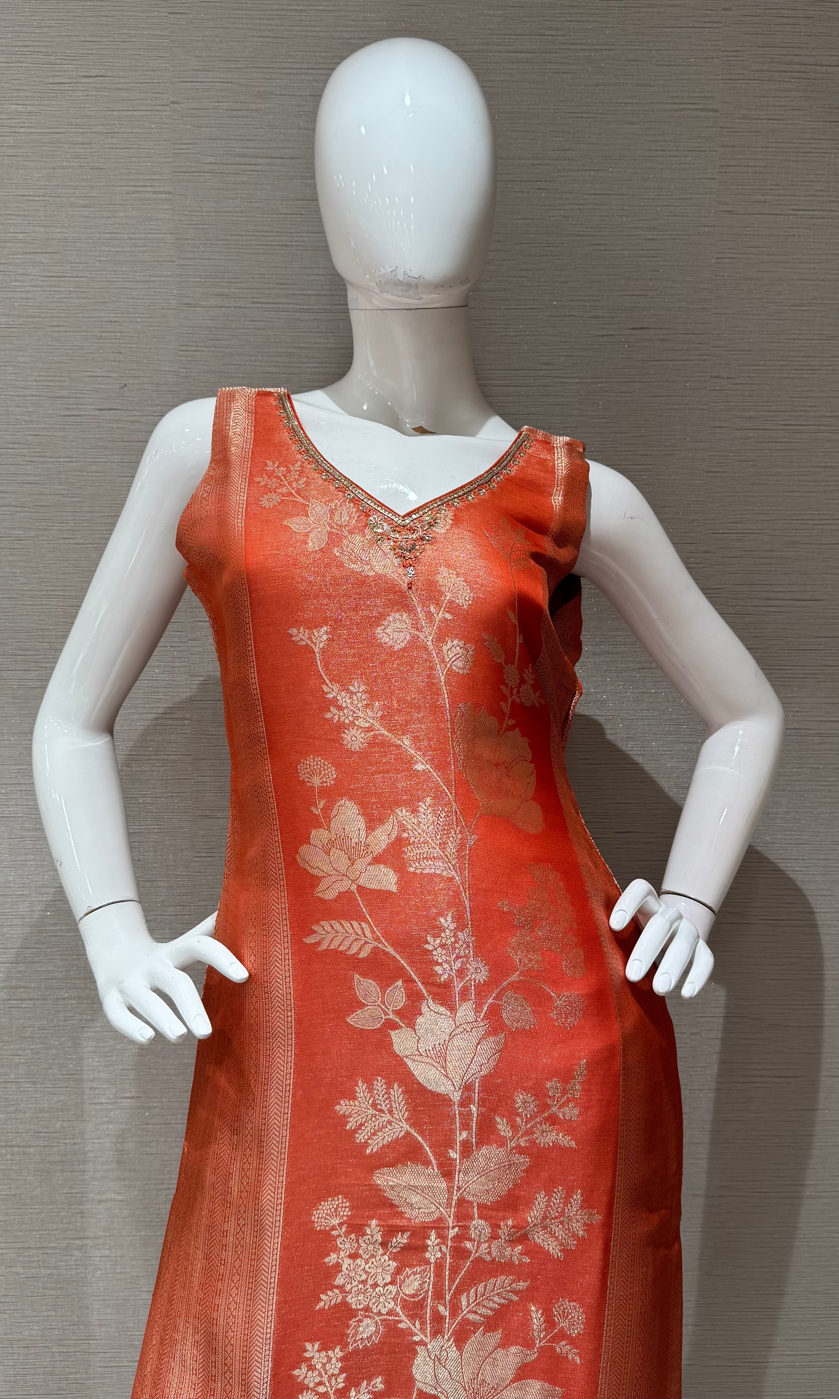 Orange golden floral Brocade Kurta Set