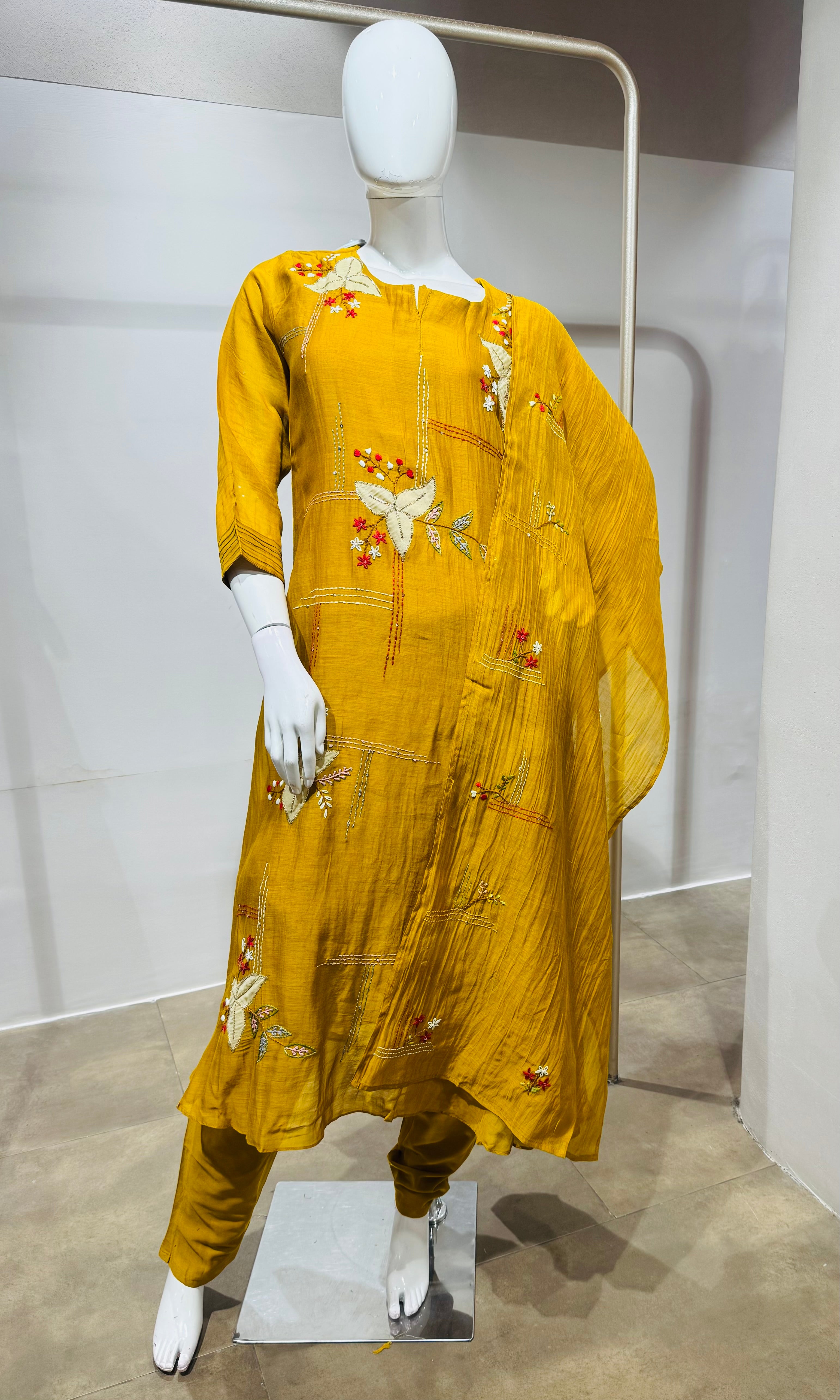 Mustard Elegant Muslin Pleated Chanderi Kurta Set