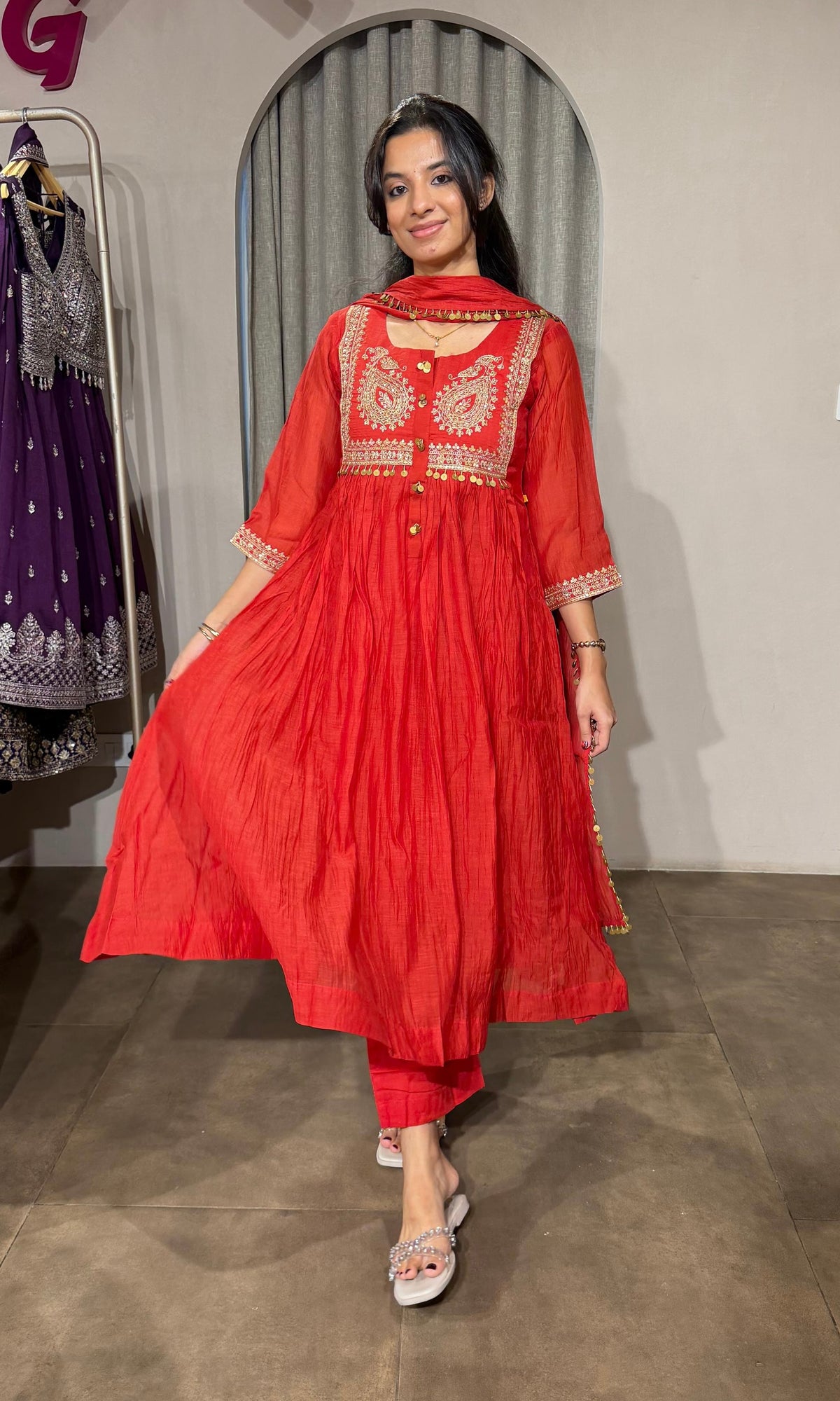 RUST MUL CHANDERI KURTA SET WITH DUPATTA