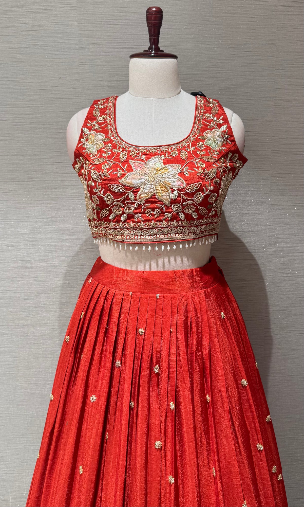 Orange Tissue silk Floral Embroidered Lehenga Set