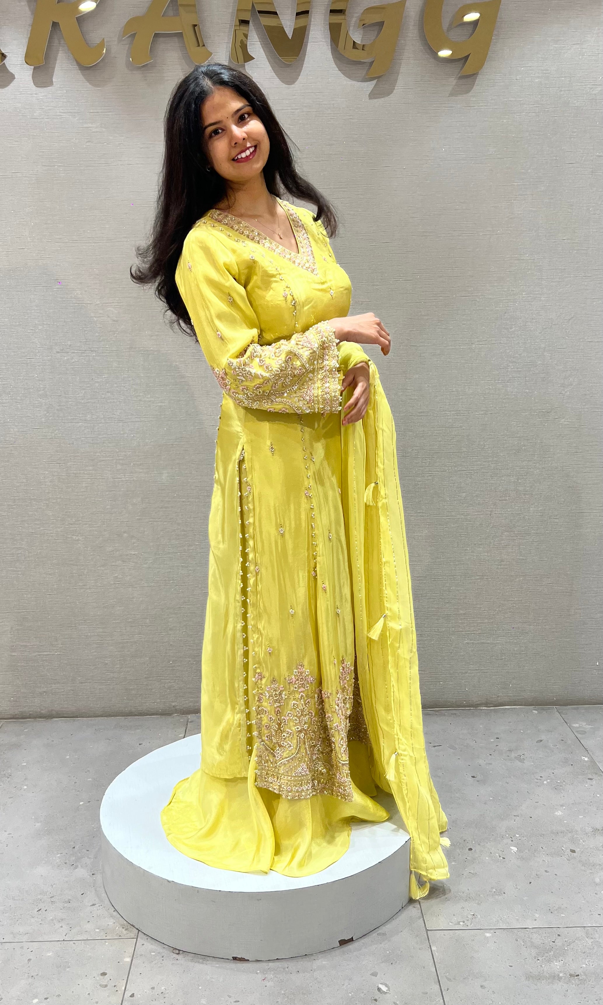 Yellow Shimmer silk Golden Zari Ethnic Naira cut palazzo set