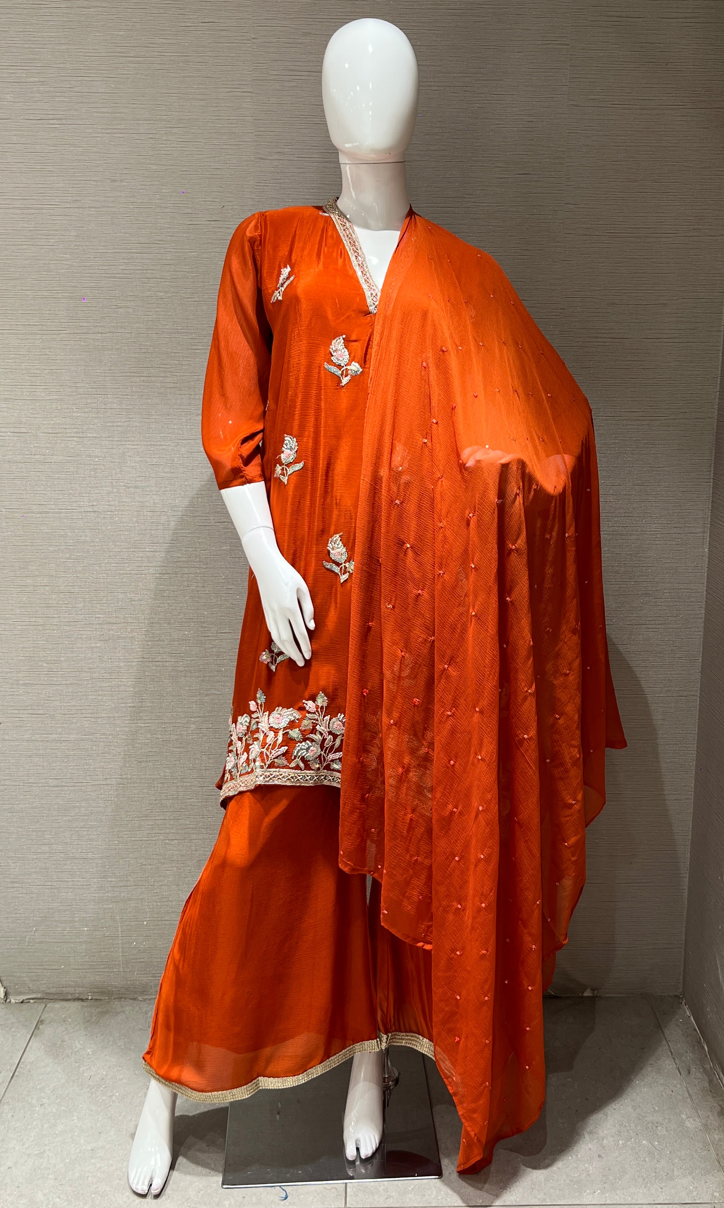 Rust Embroidered Kurta Sharara palazzo set