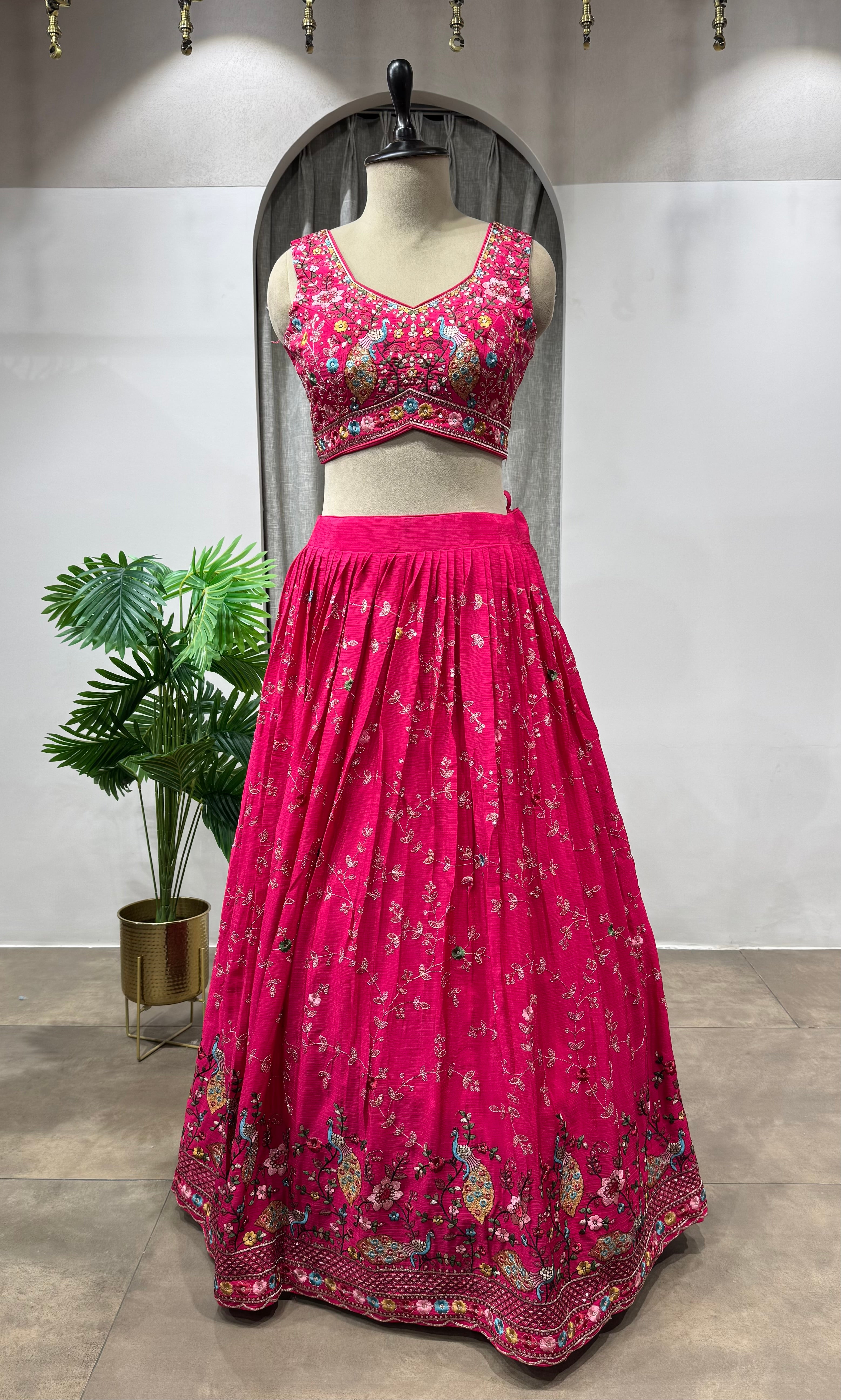 Fuchsia pink floral embroidered Lehenga set