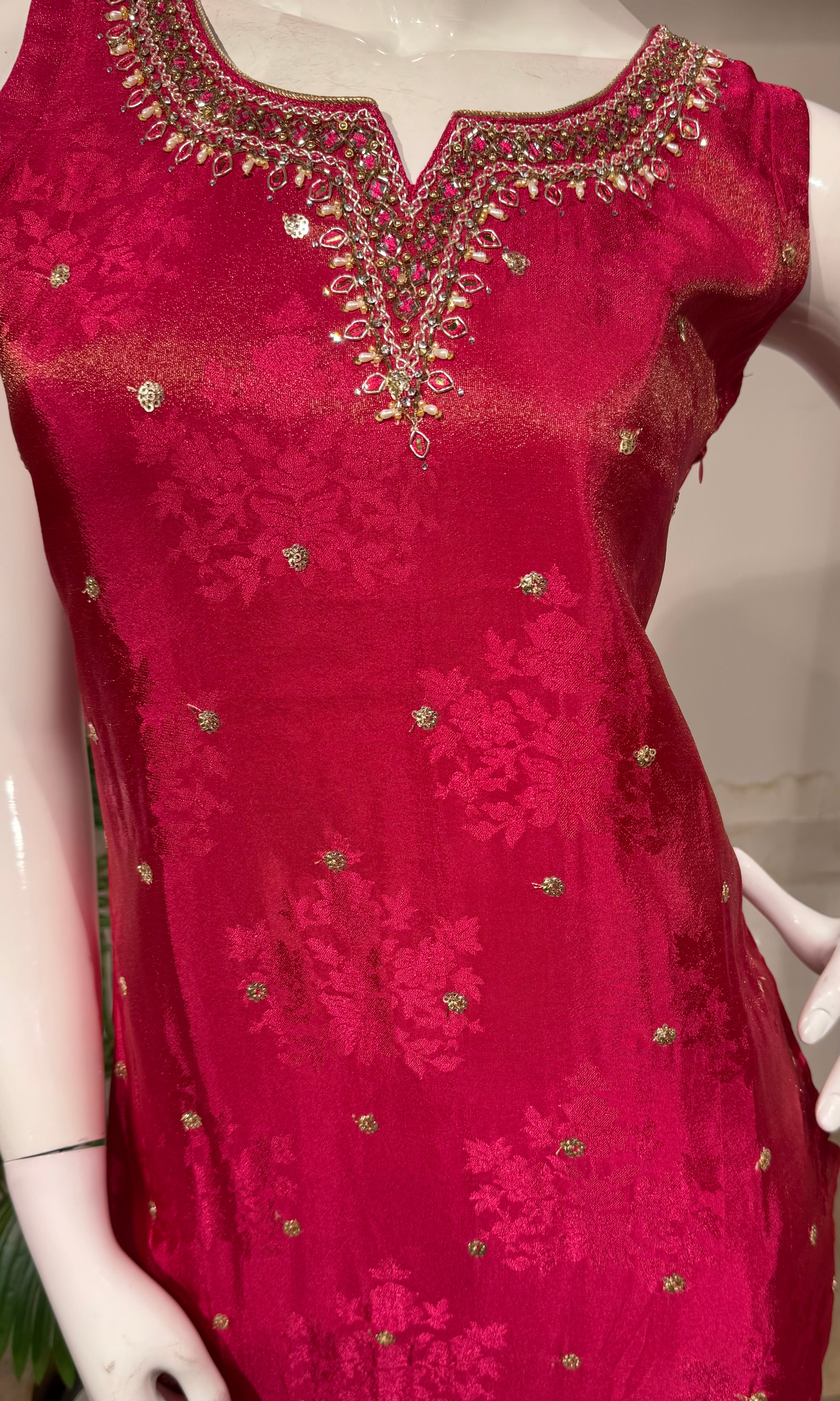rani and gold embroidered kurta set