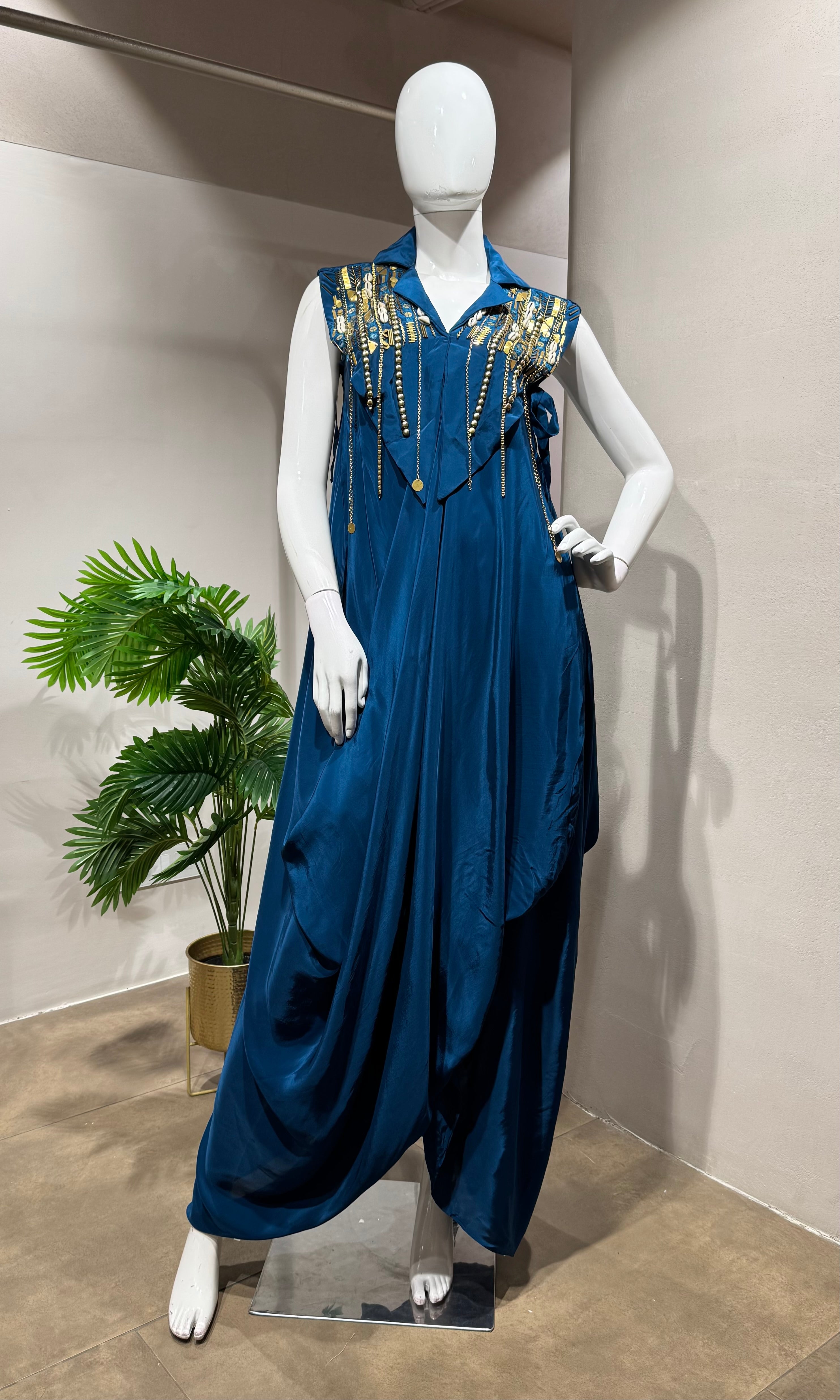 Teal Blue Embellished Draped Dothi style