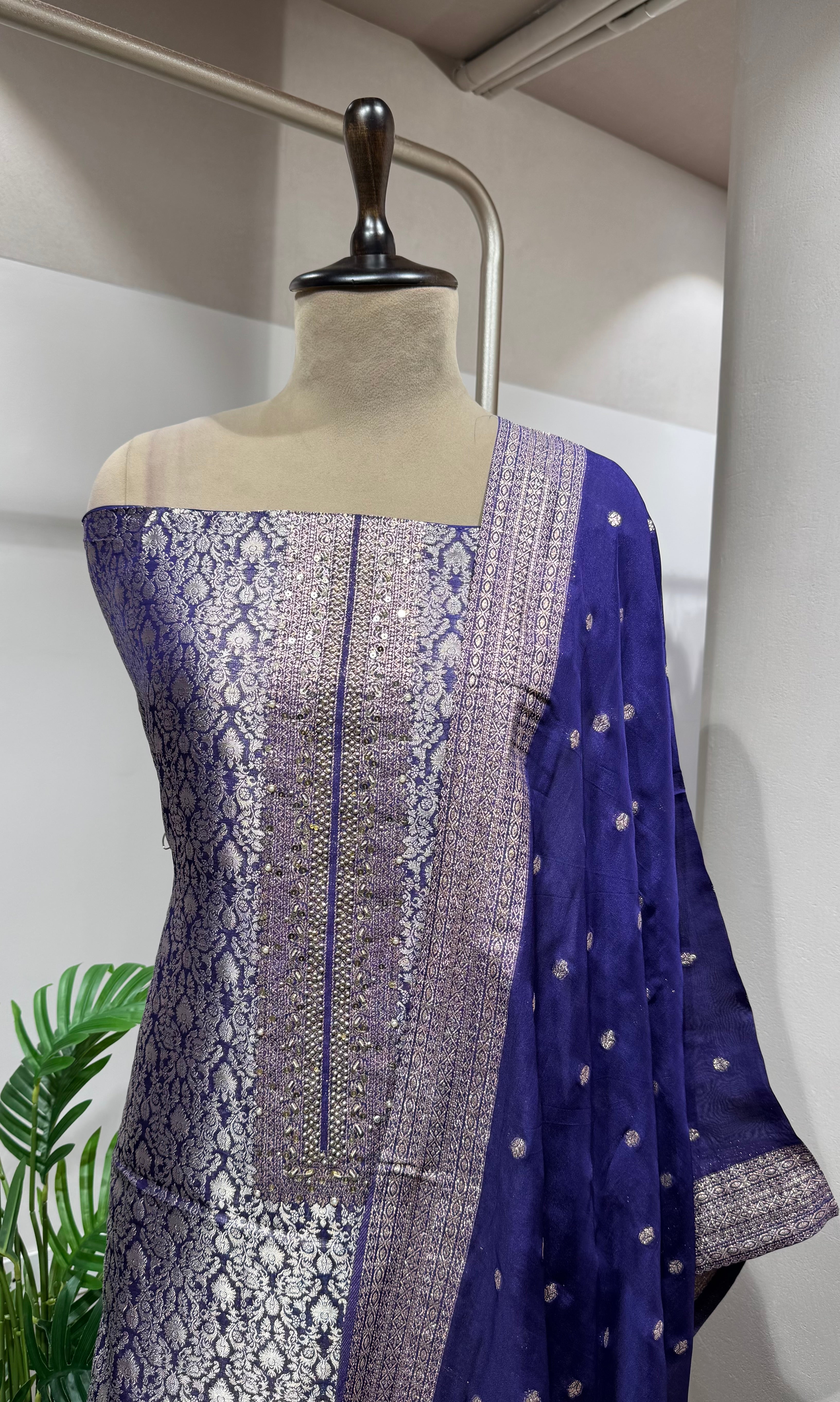 PURPLE & Silver Banarasi Silk DRESS MATERIAL