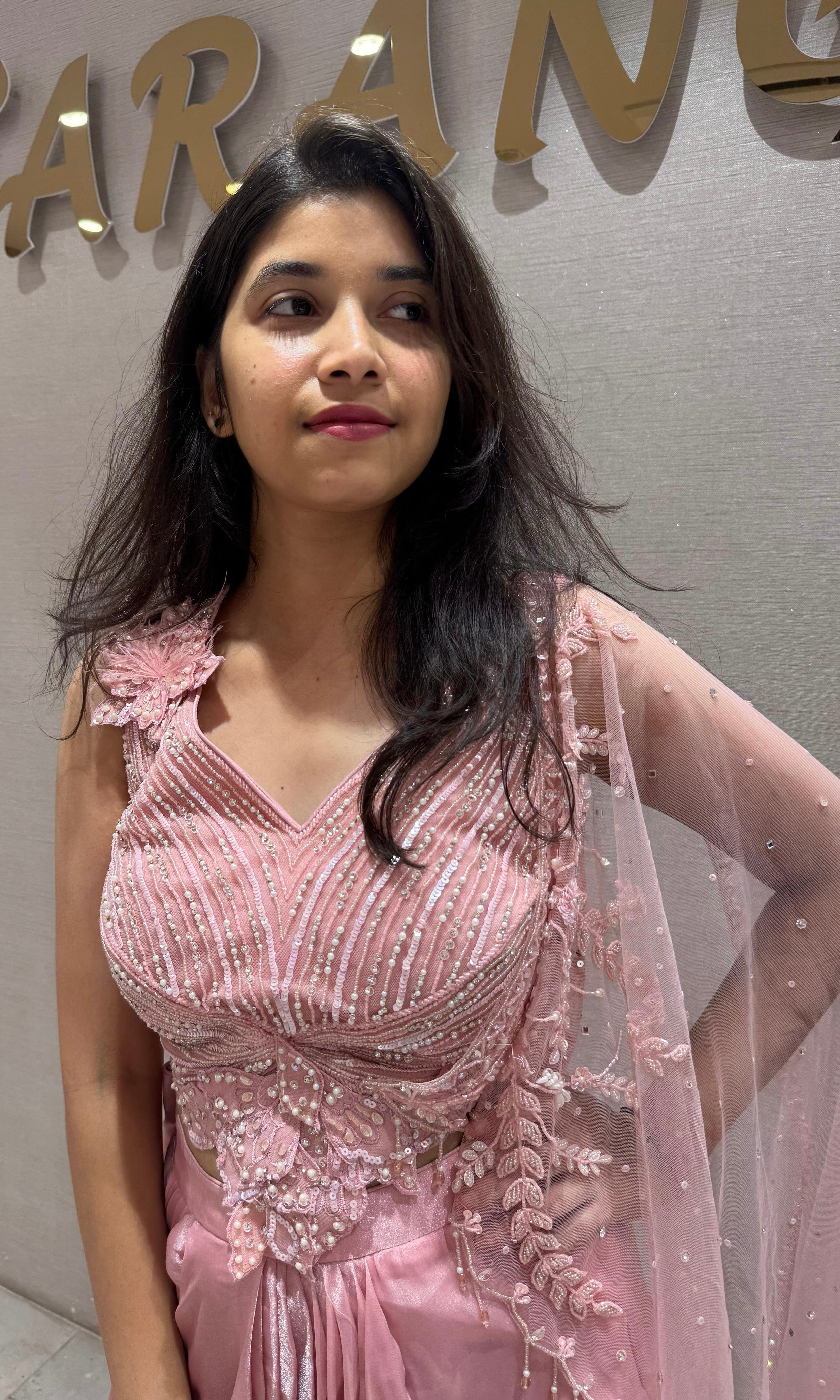 Peach Drape skirt with Embellished Top