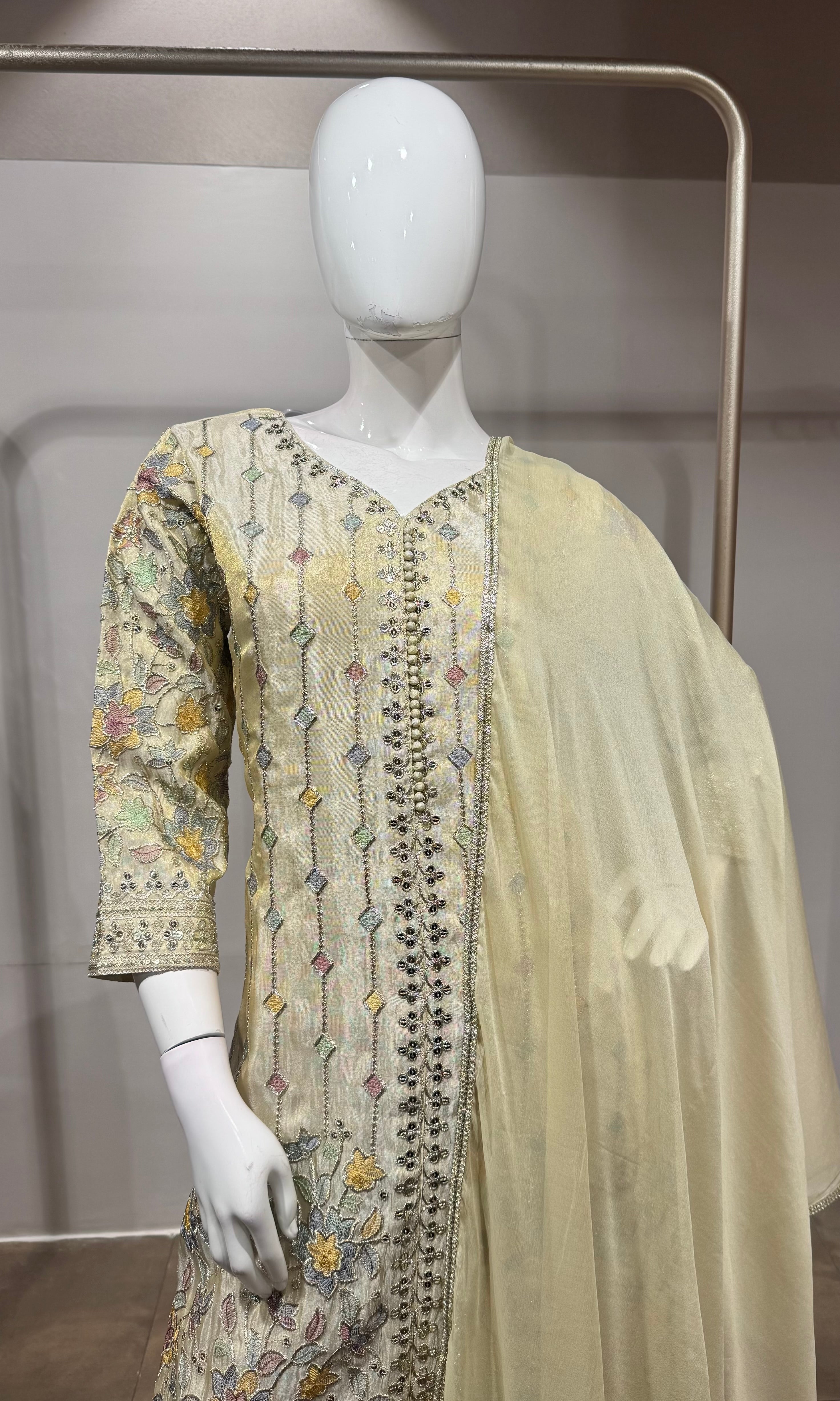 Cream Floral Embroidered Straight Kurta SET