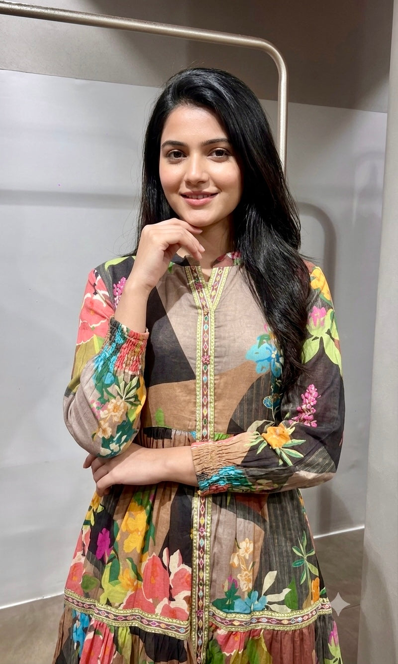 Green Multi Abstract Print Long Sleeve Frock