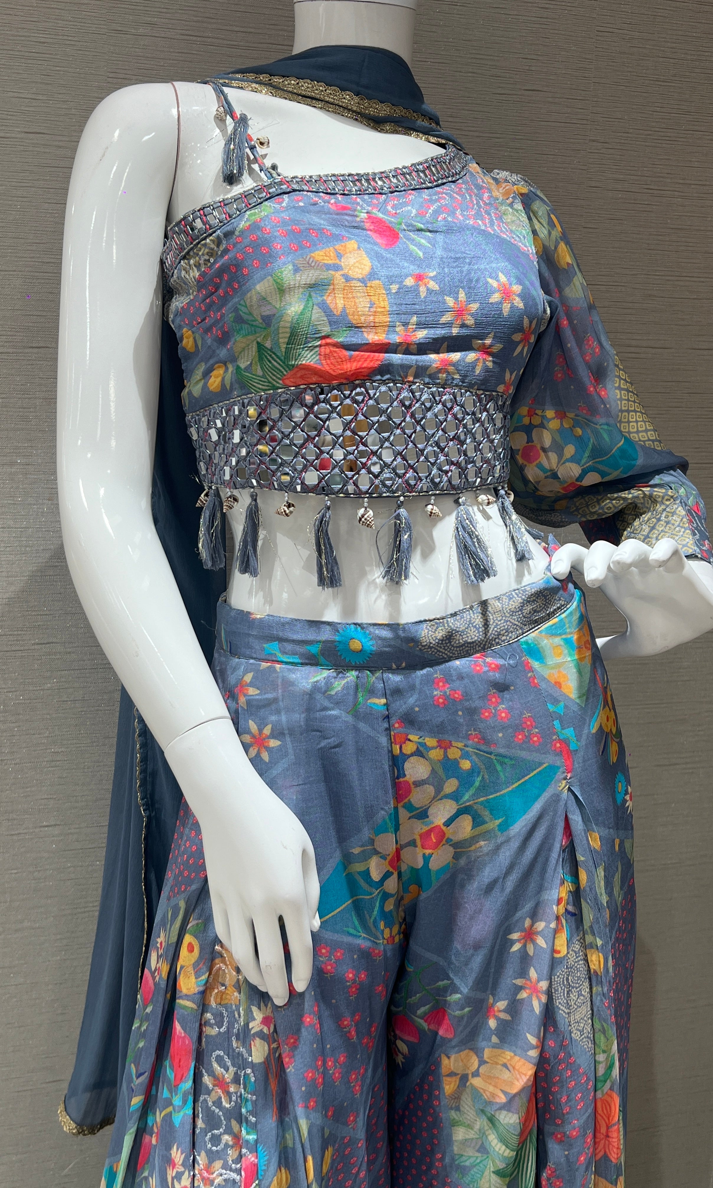 L Blue one shoulder crop top with palazzo