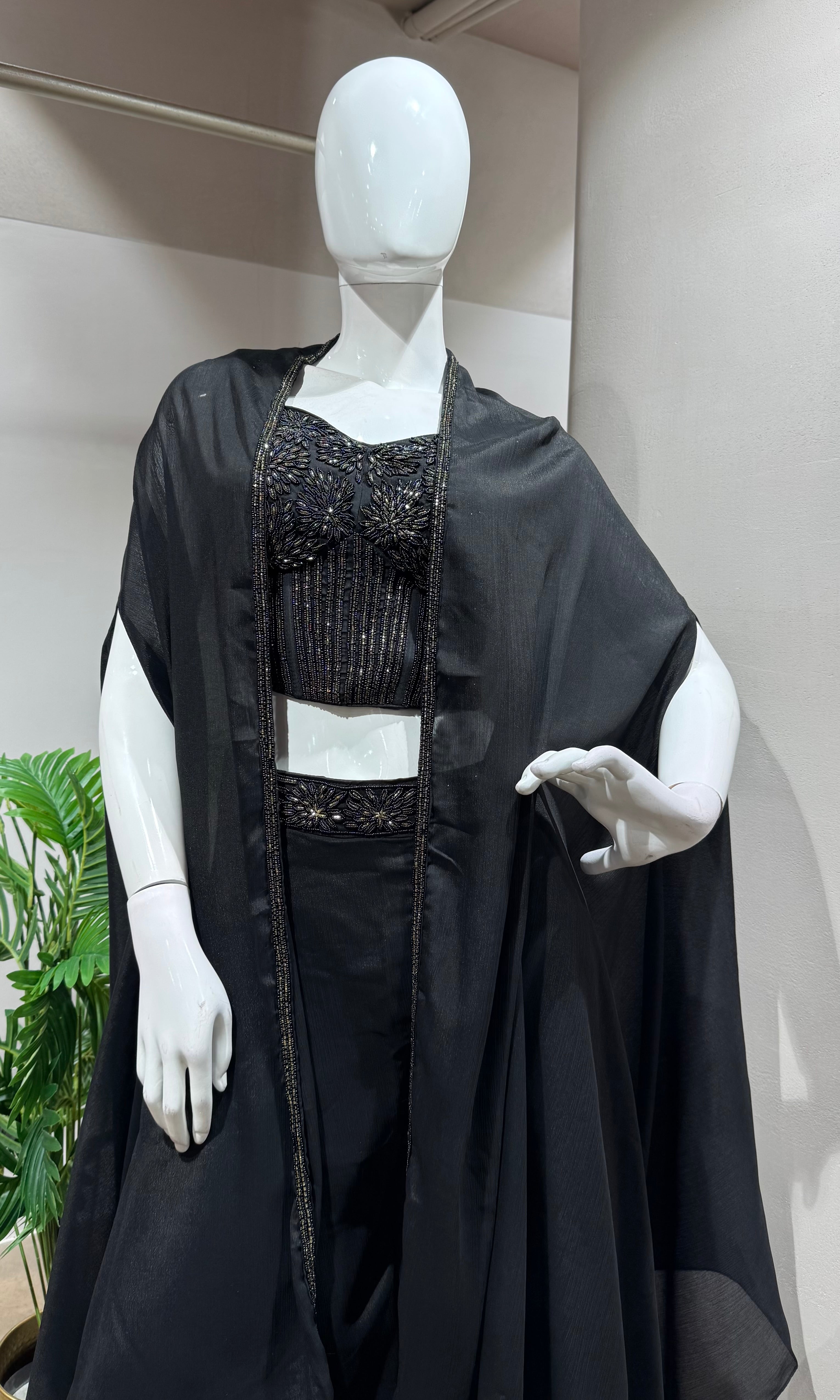 BLACK Embroidered Crop Top with Dhoti Skirt