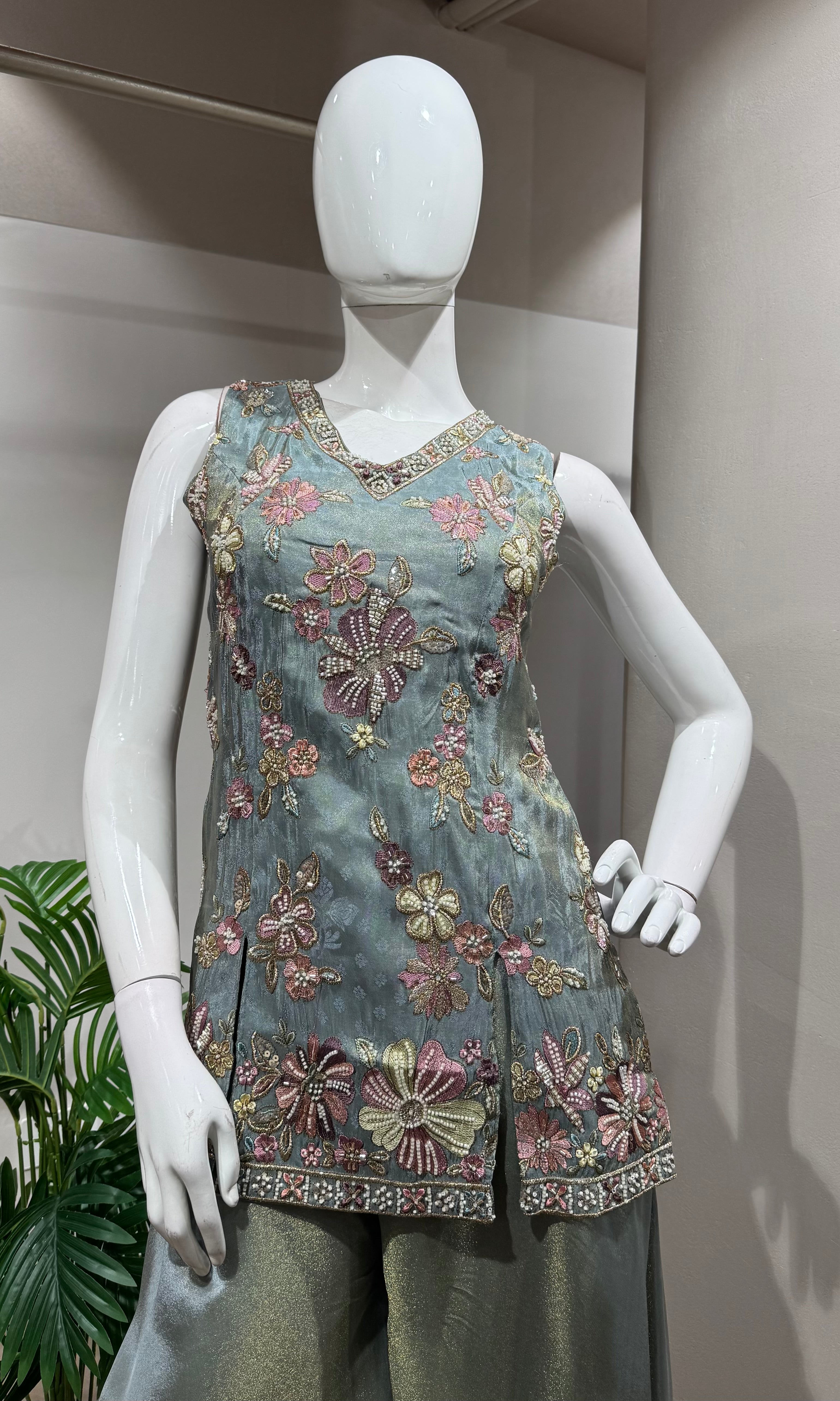 green Tissue Sharara Set with Floral Embroidery
