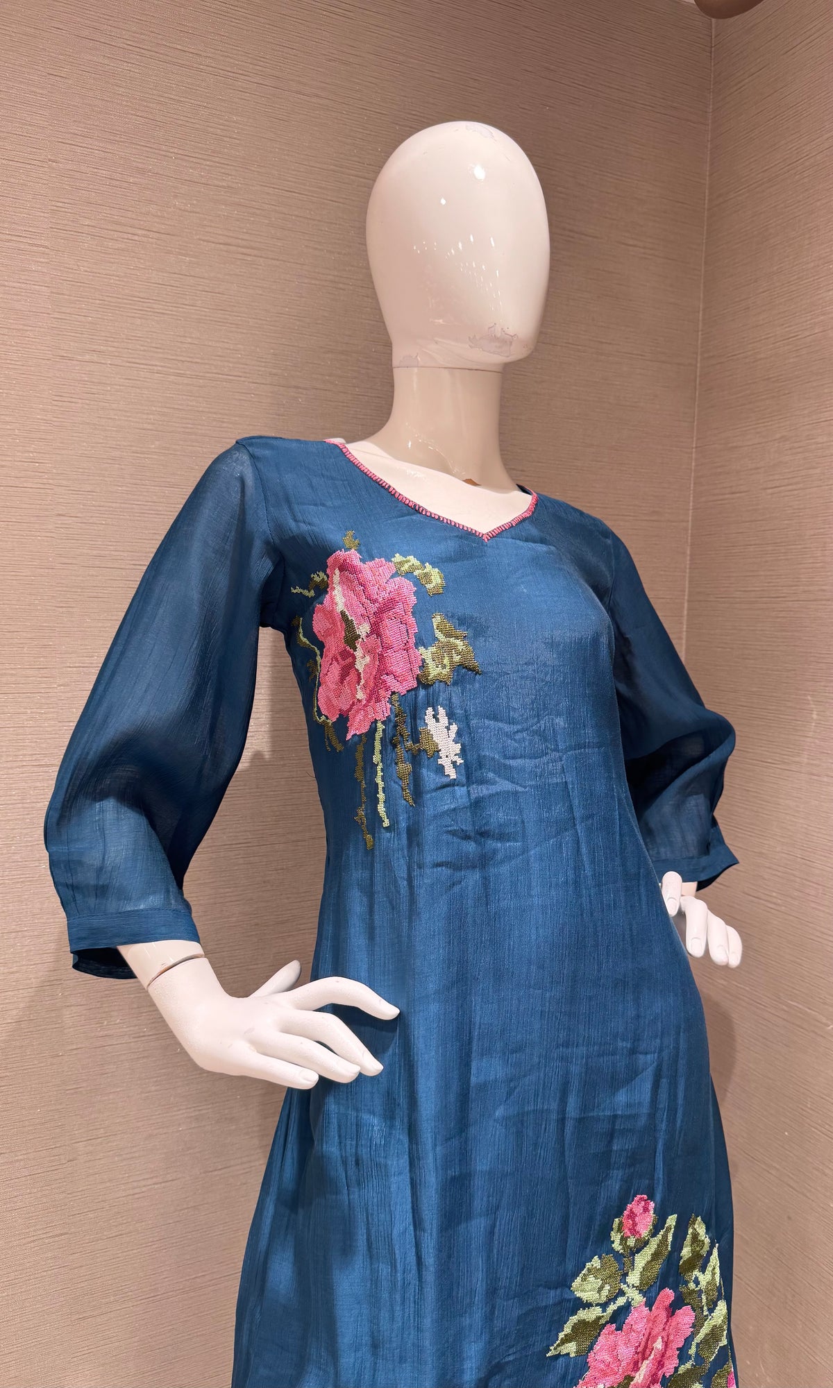Blue Floral Embroidered Cotton Kurta Set with Dupatta