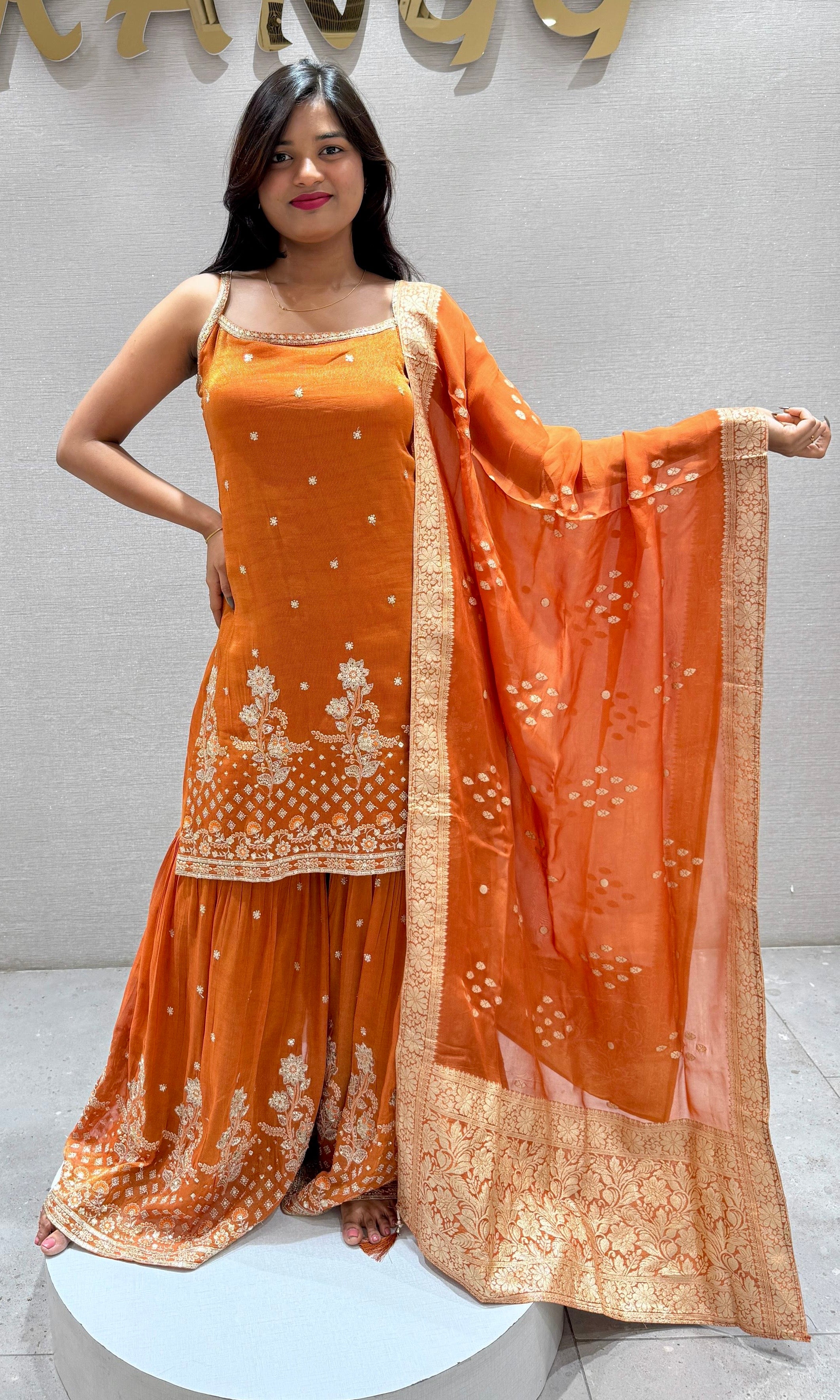 Rust Orange Embroidered Sharara Set with Dupatta