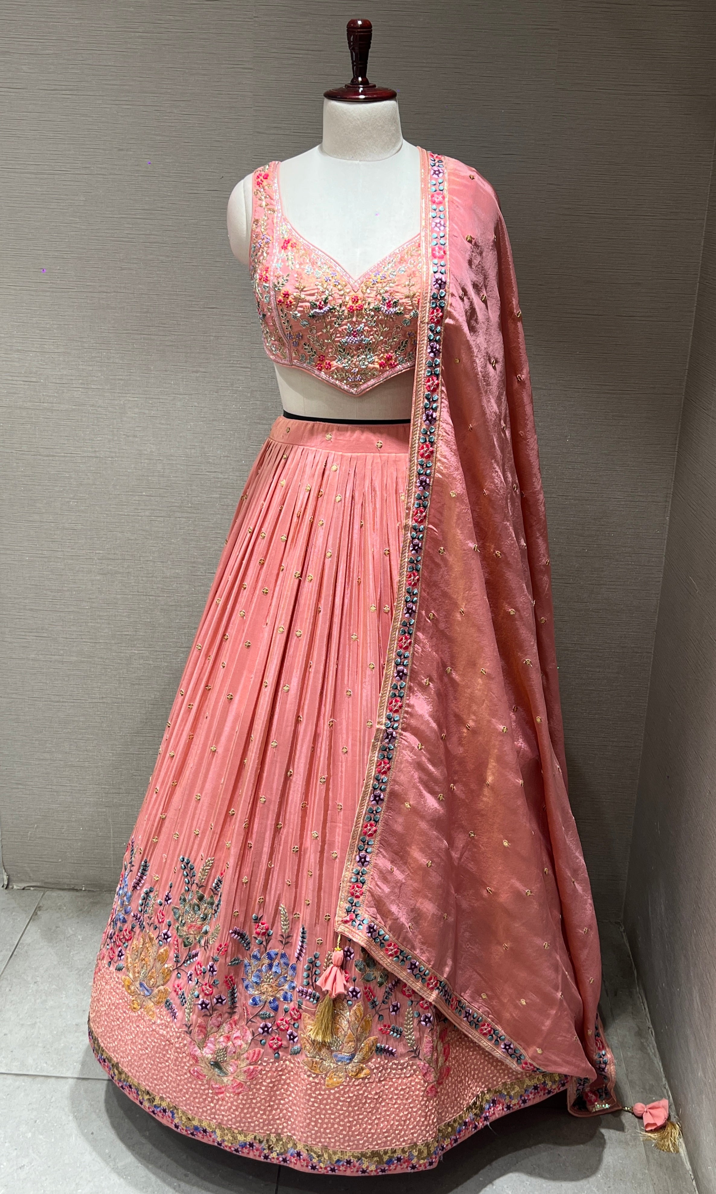 Designer Peach Floral Embroidery Lehenga