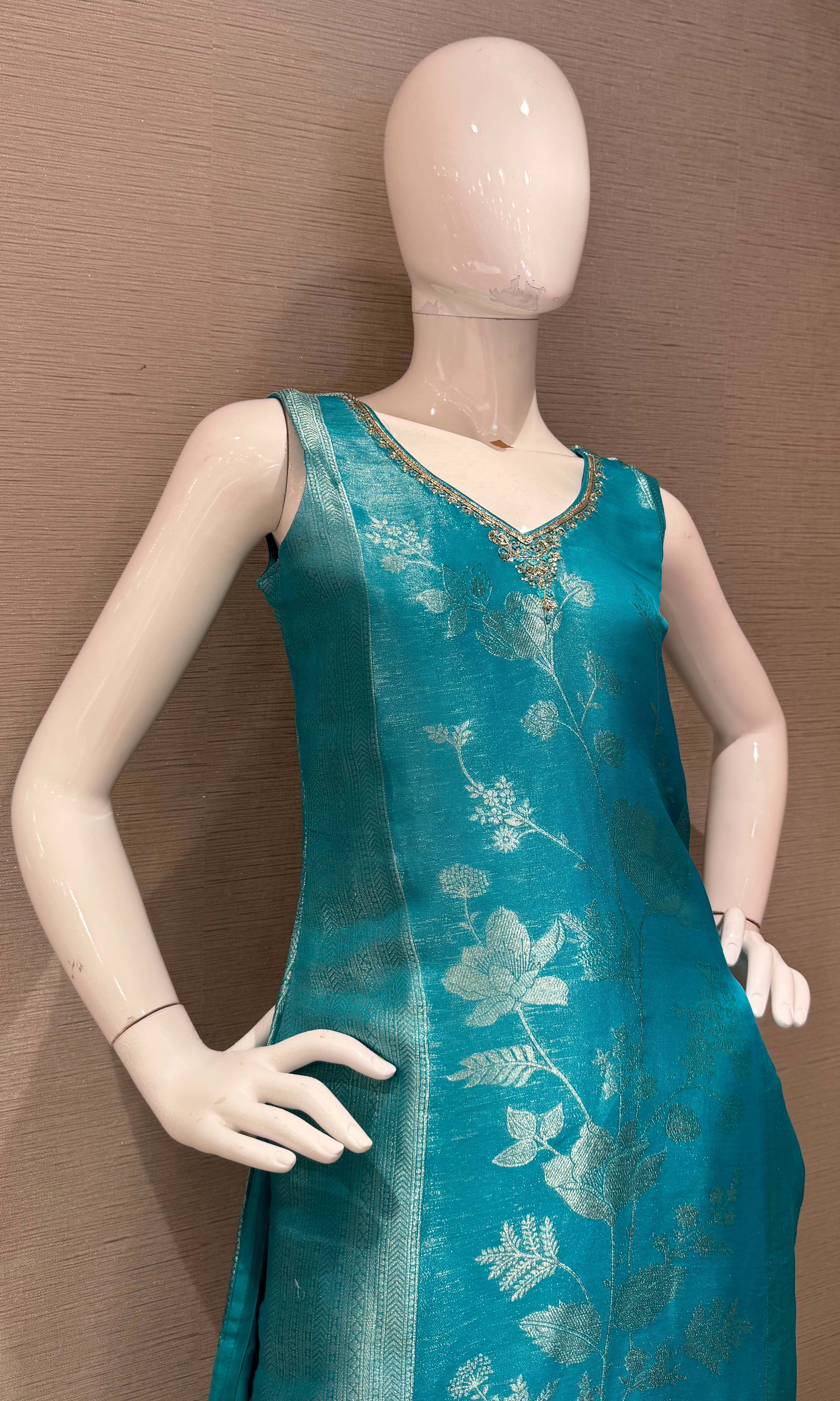 Rama Blue Banarasi Kurta set with Matching Dupatta