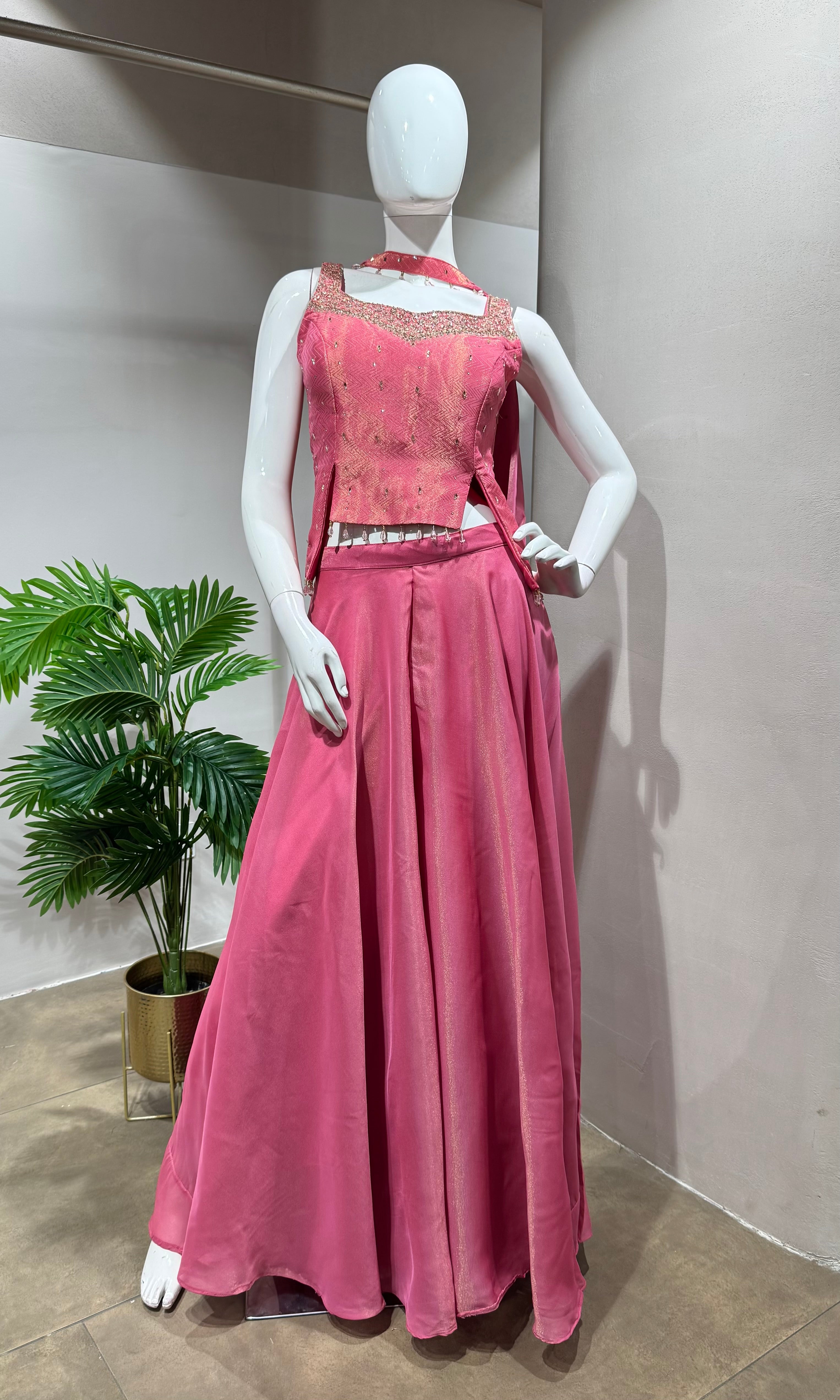 Pink Embellished Crop Top & Palazzo Set