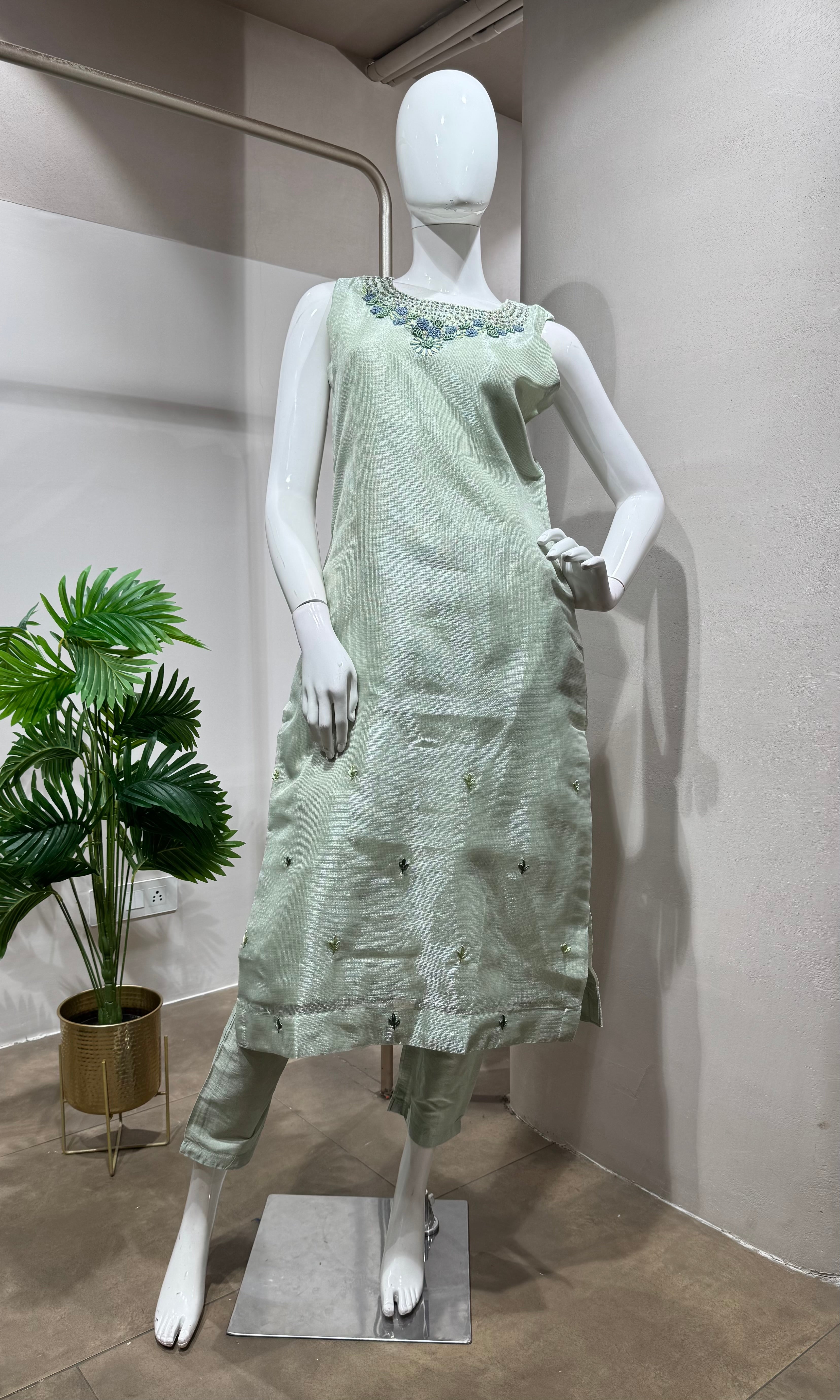 Pista green Pastel Tissue Silk kurta set