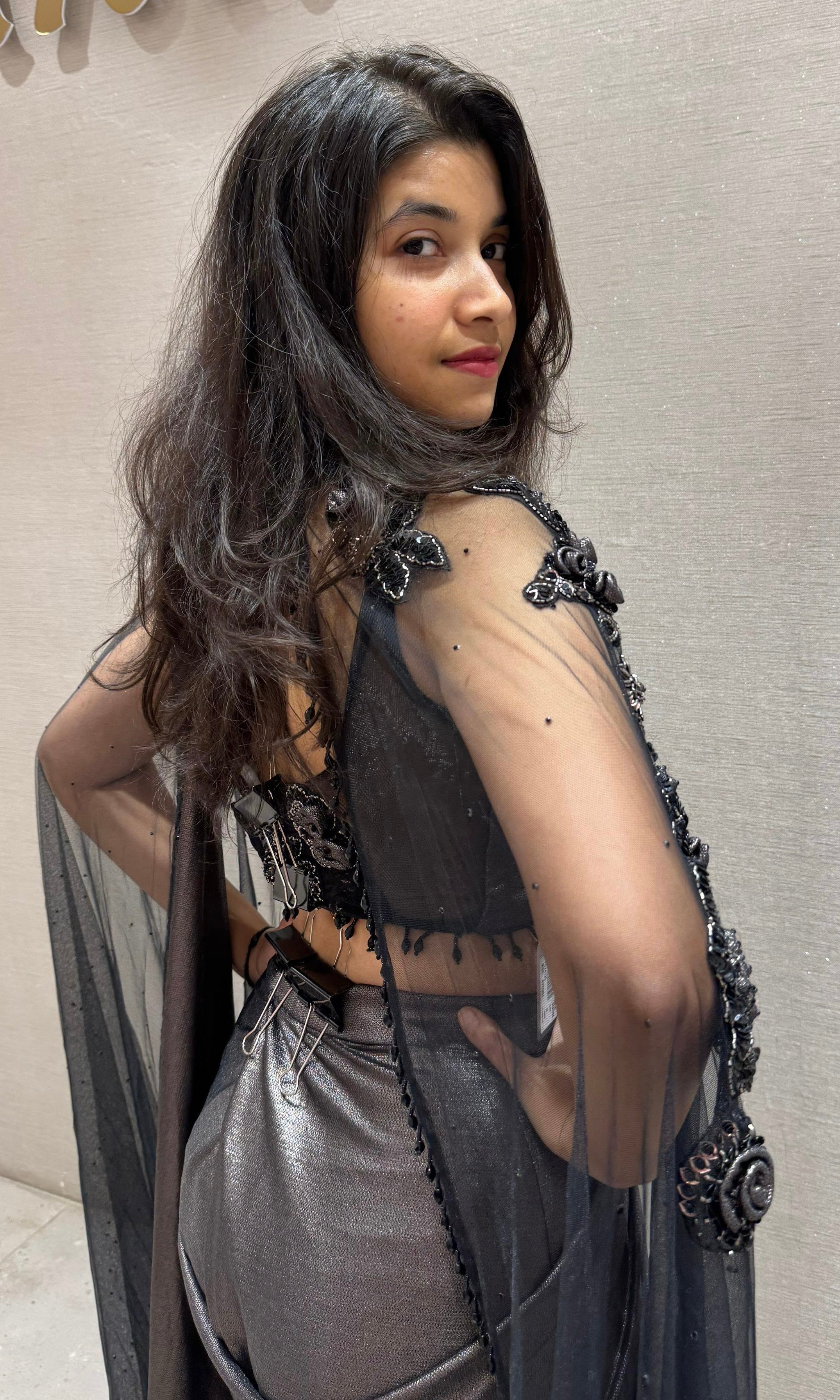 Black sequin drape saree with sheer cape