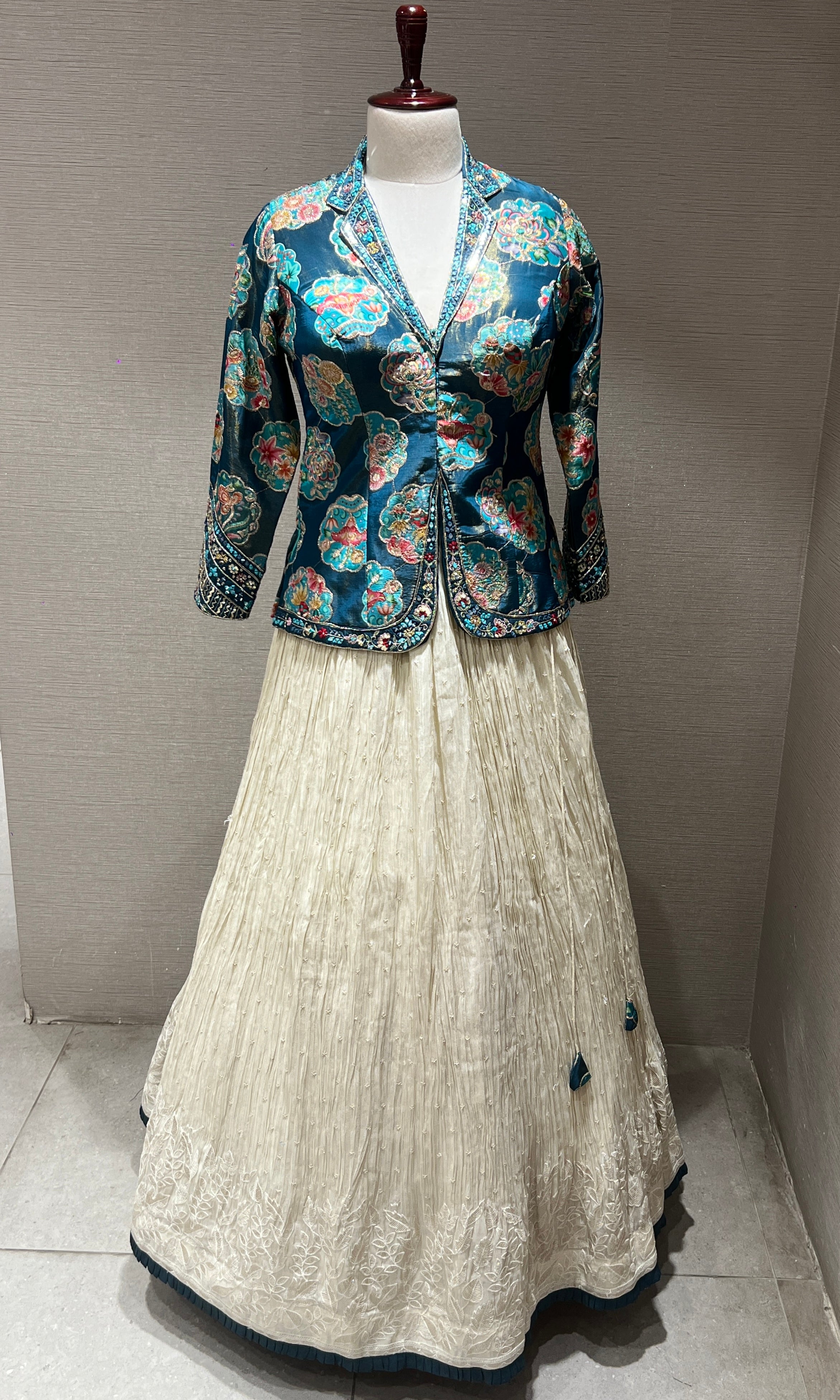 Blue printed embroidered jacket lehenga