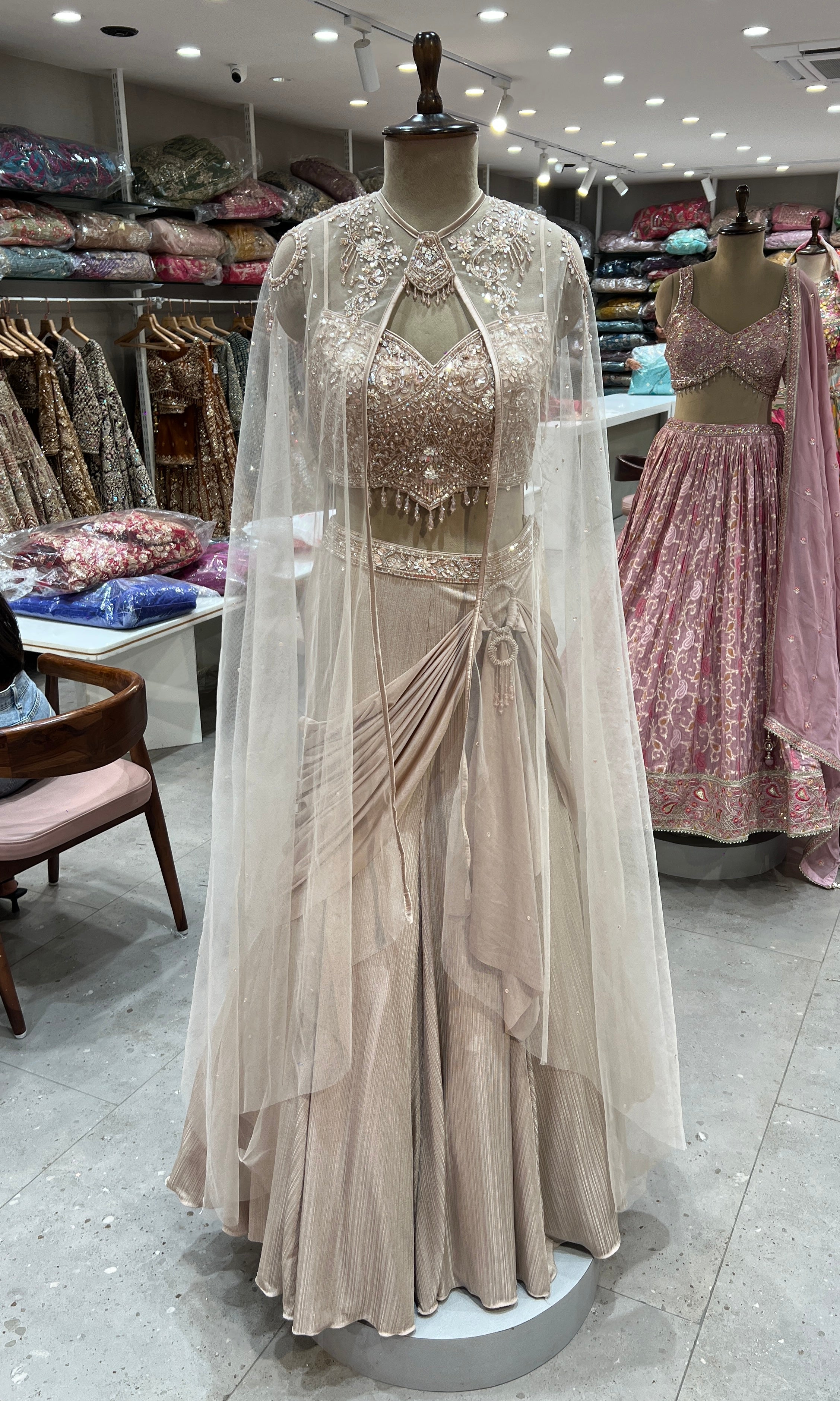 Gold Draped Lehenga with Blouse WITH CAPE