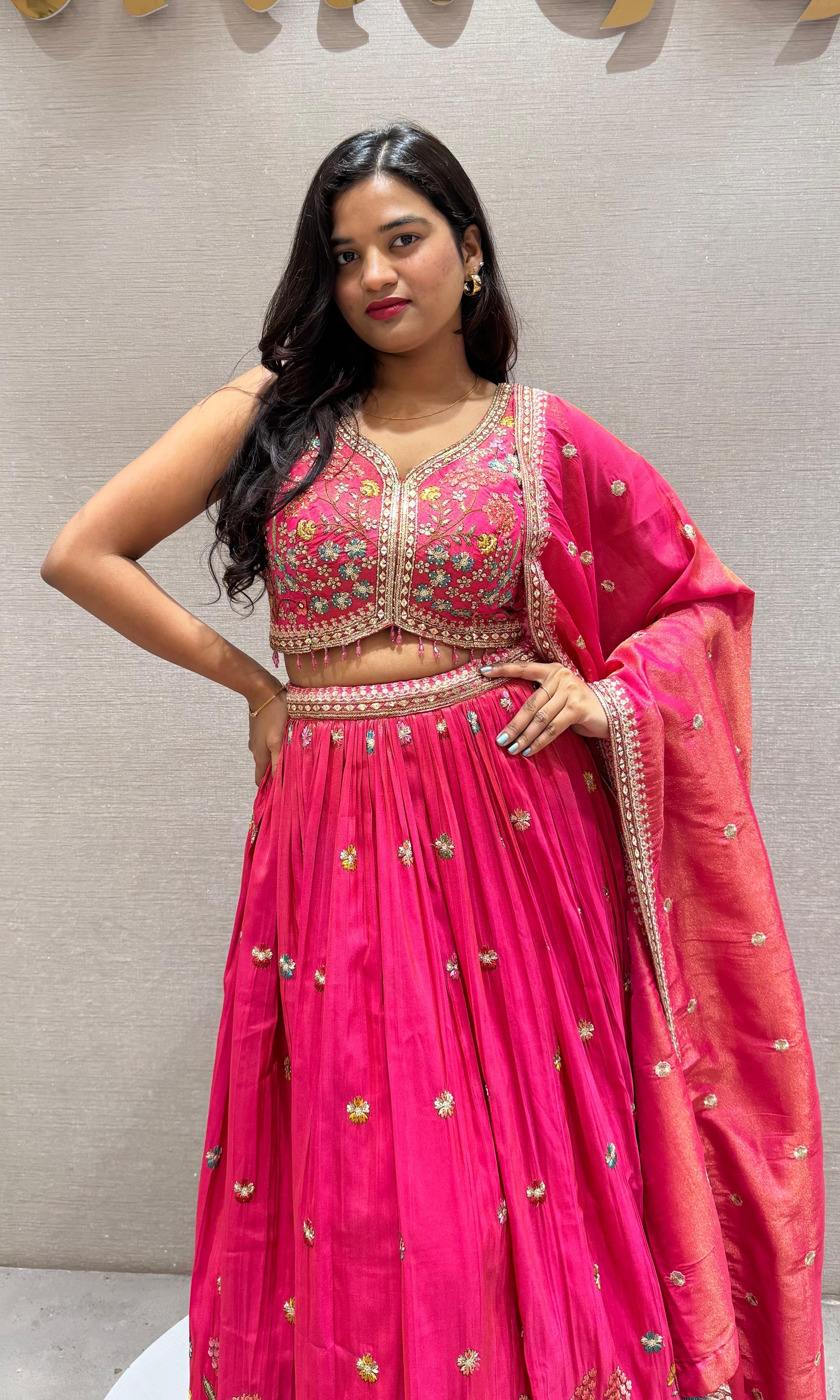 Pink floral embroidered Lehenga