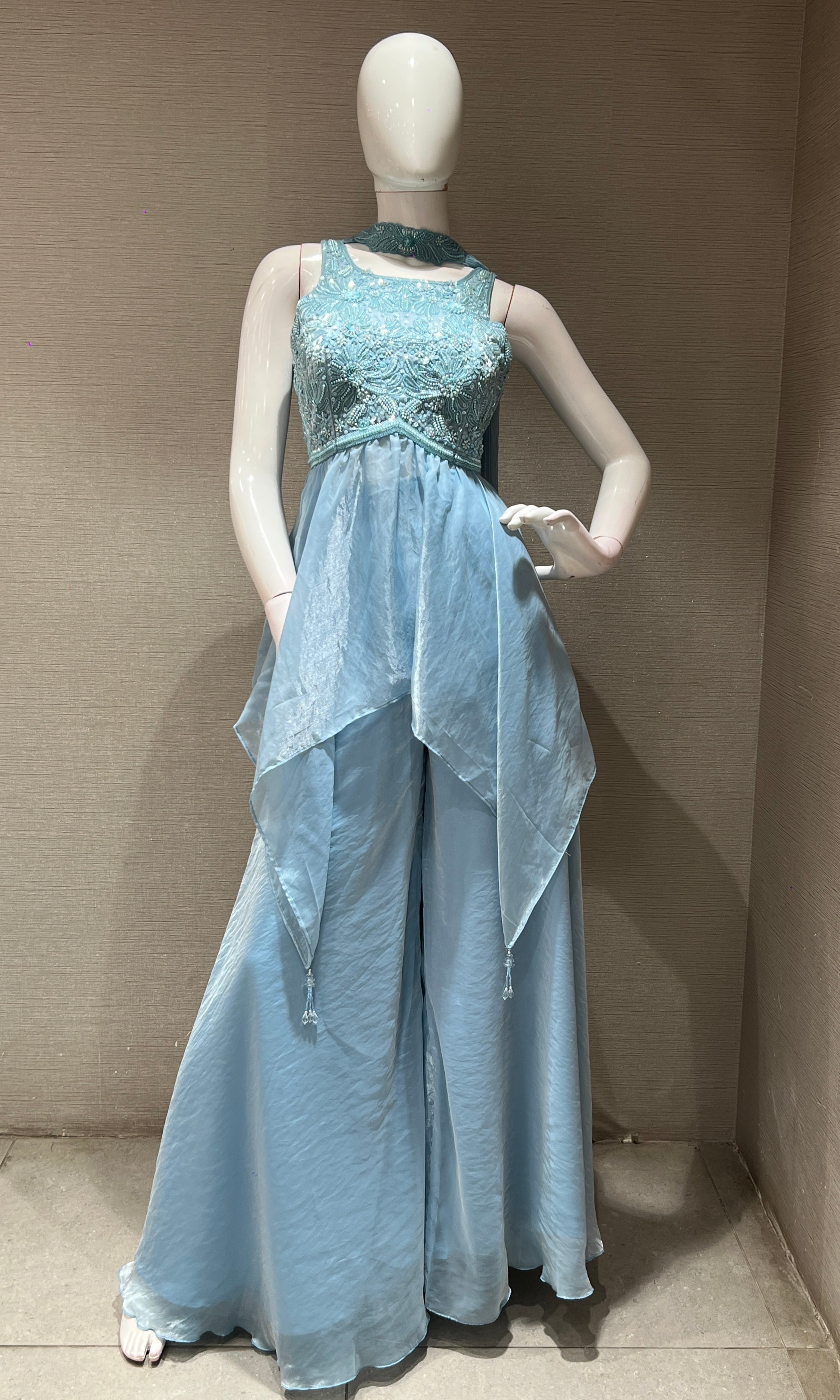 Sea blue EMBROIDERED BLOUSE PALAZZO SET