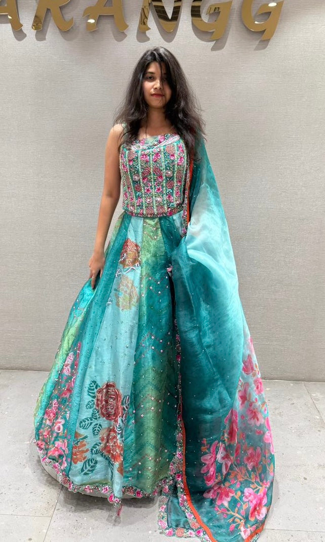 Teal BLUE Bloom Organza Lehenga