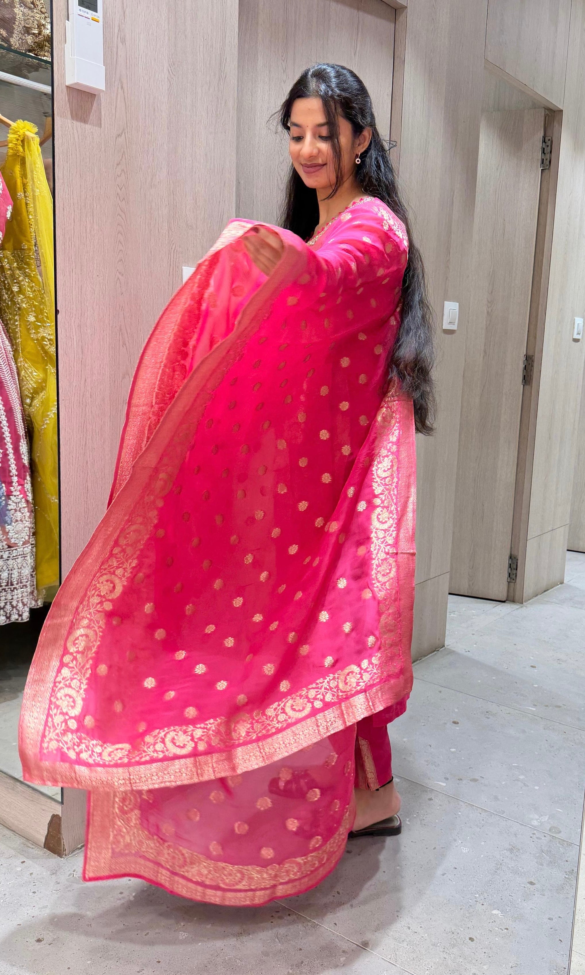 Pink Banarasi Golden KURTA SET