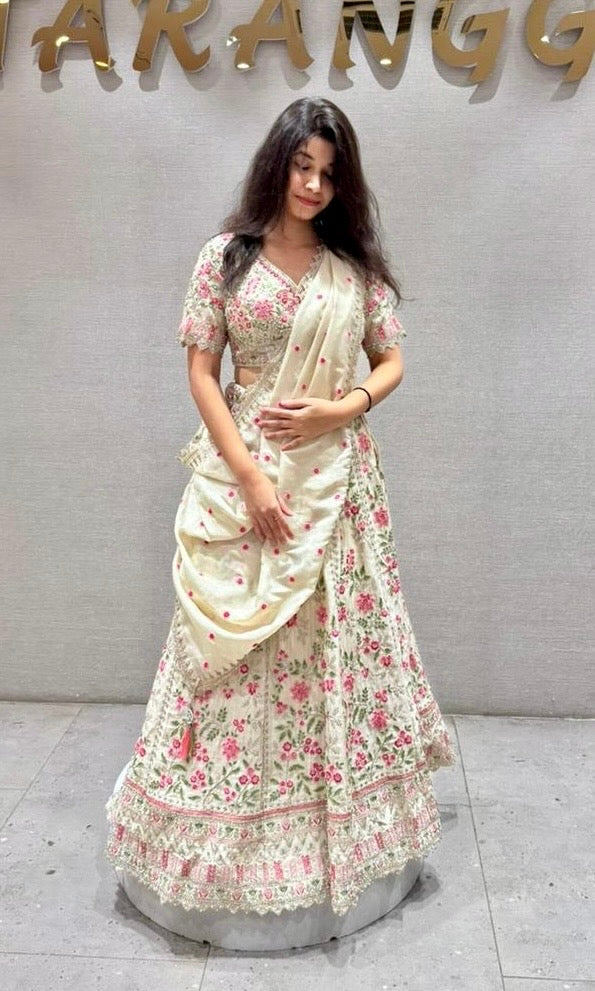 Ivory white cream Floral Embroidered Lehenga