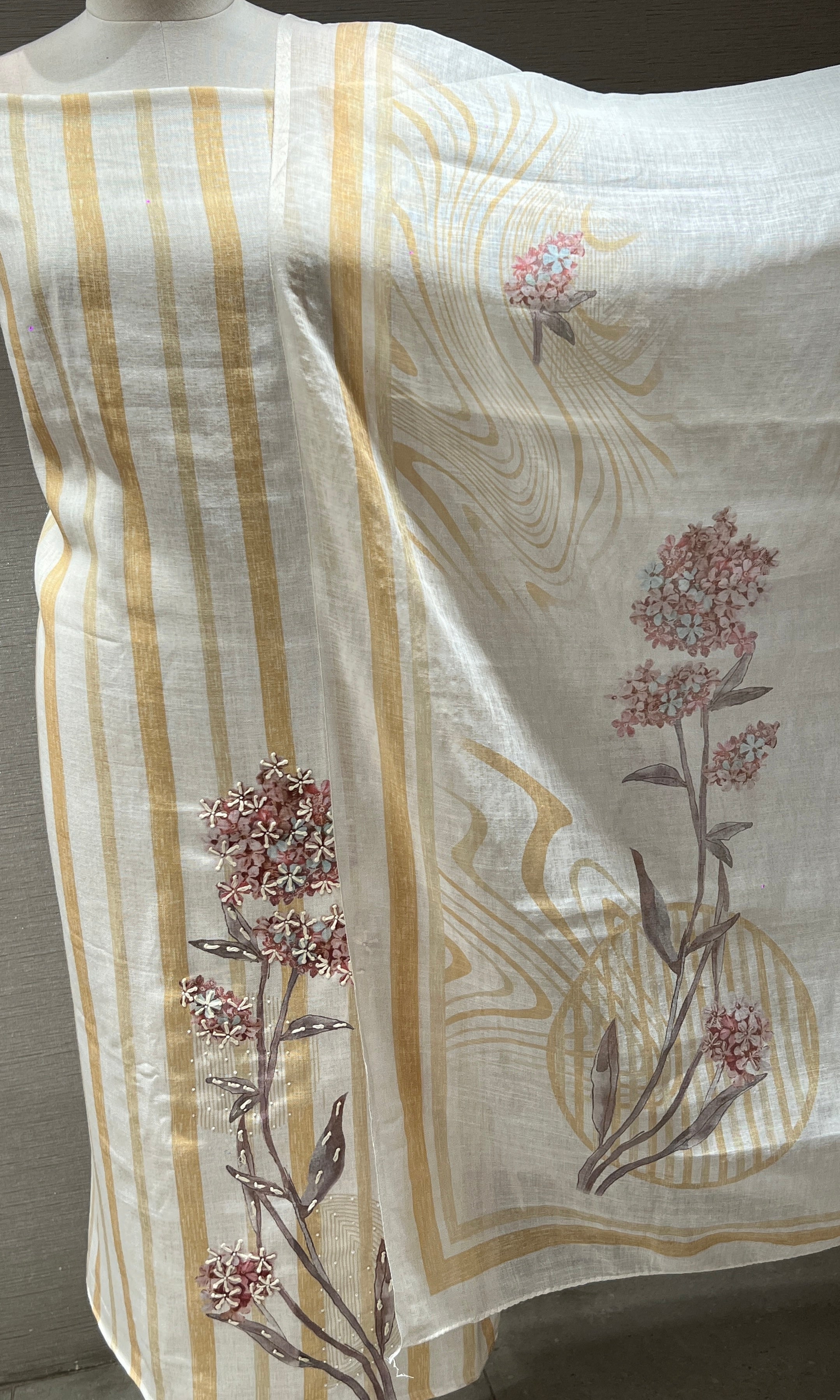 light yellow Striped Floral dress material