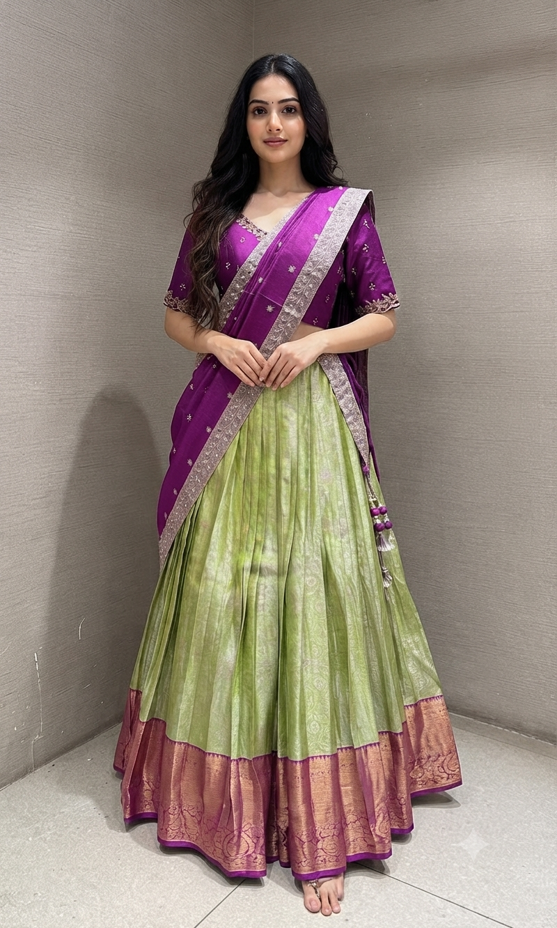 Purple and green banarasi pattu lehenga with embroidered blouse