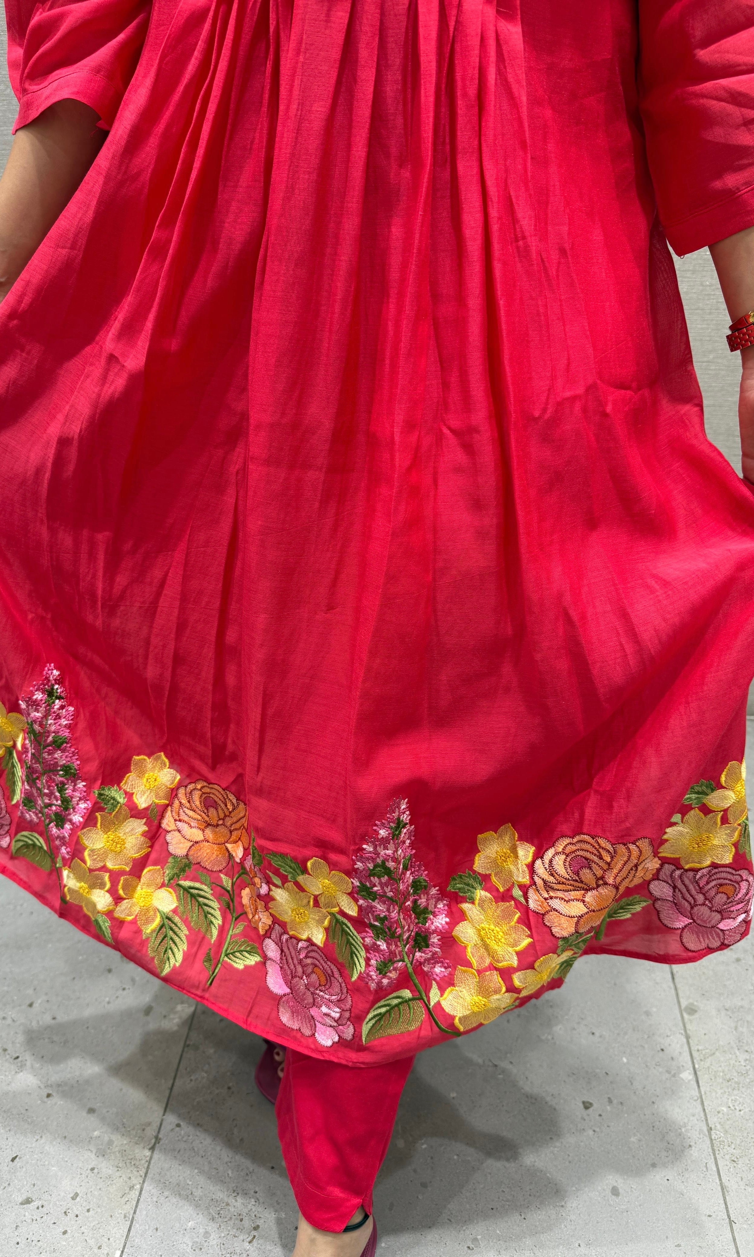 Rani pink Mul Chanderi kurta set