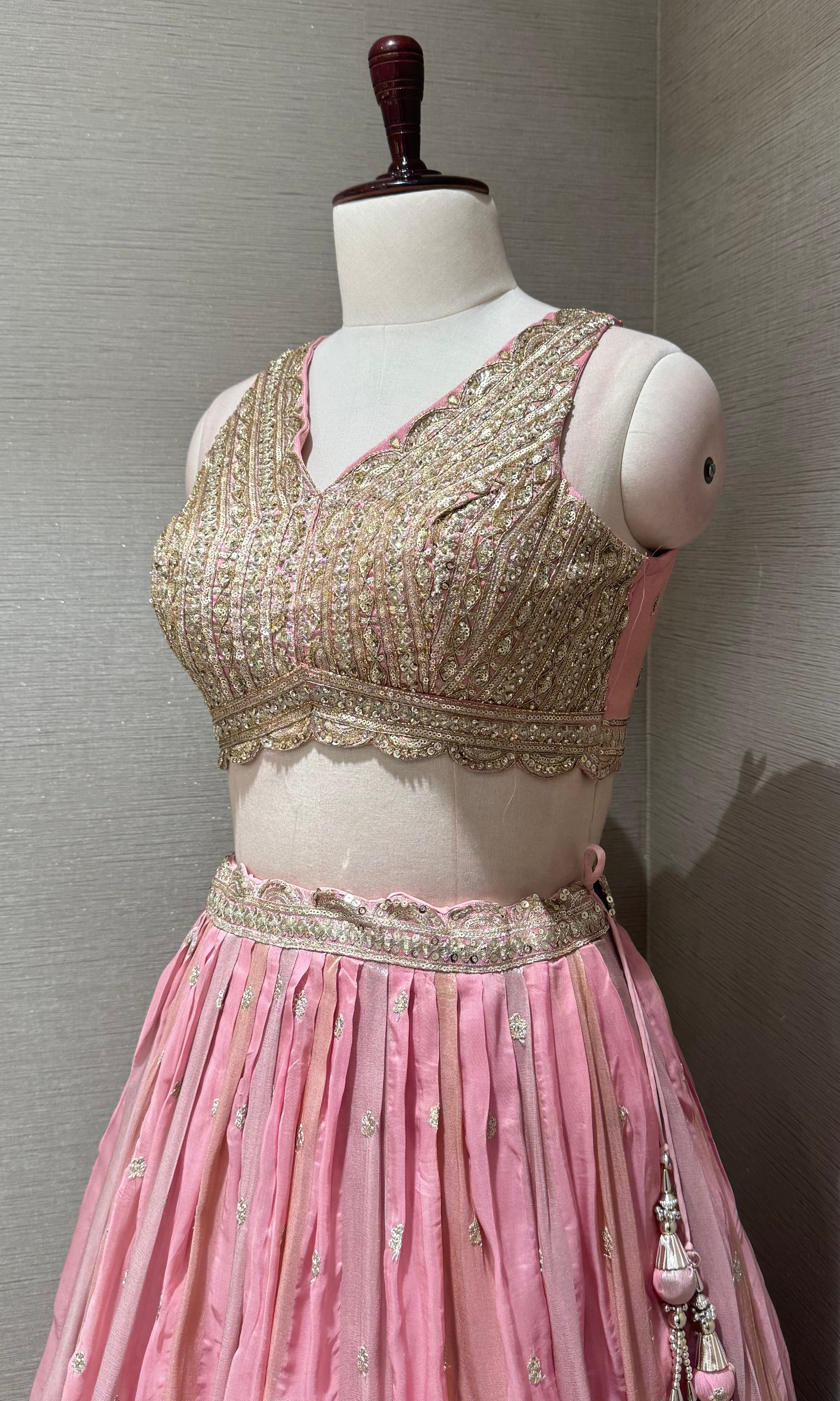 Blush Pink Silk Lehenga Set with Intricate Gold Borders