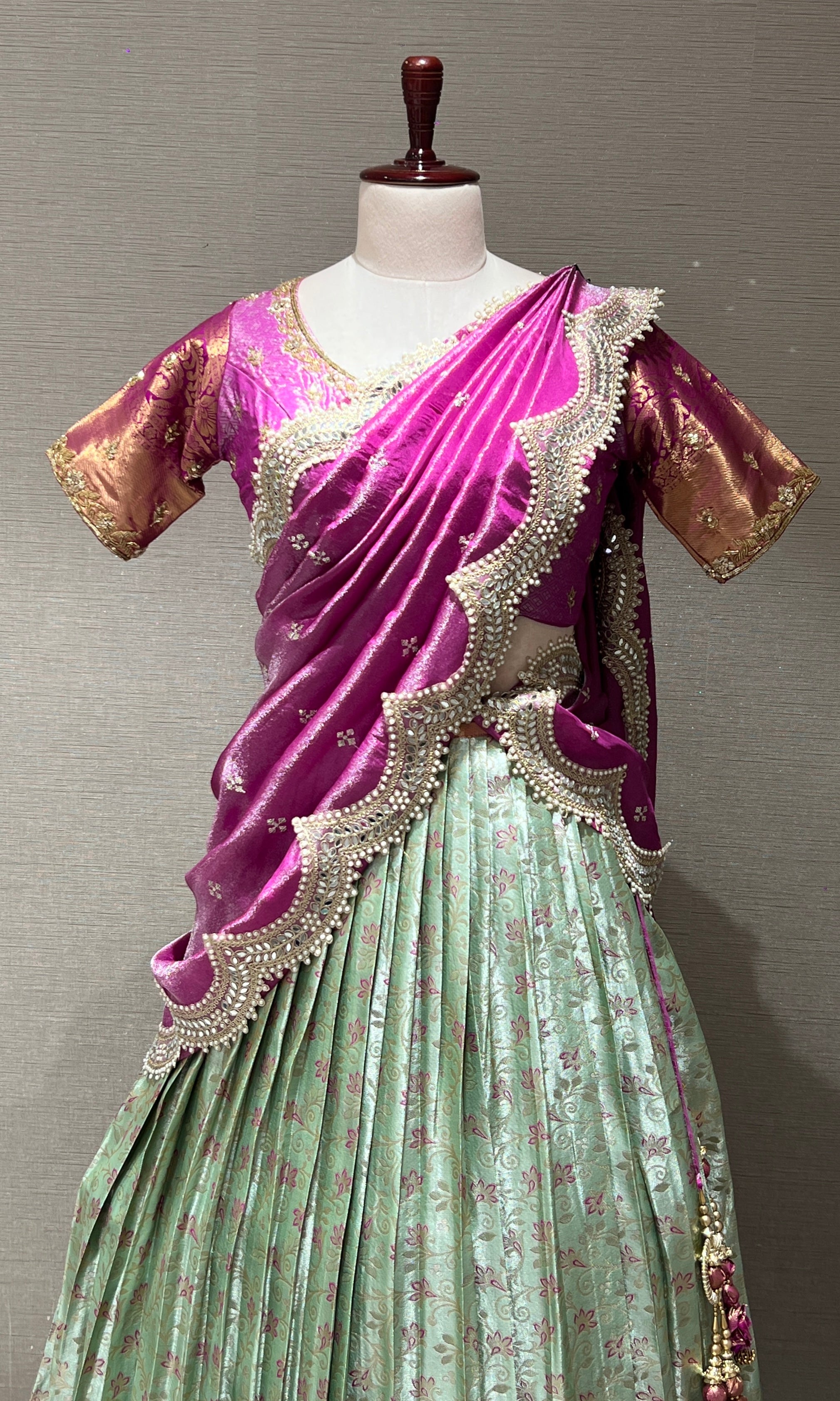 pink Lehenga with Pastel Mint Floral Weave