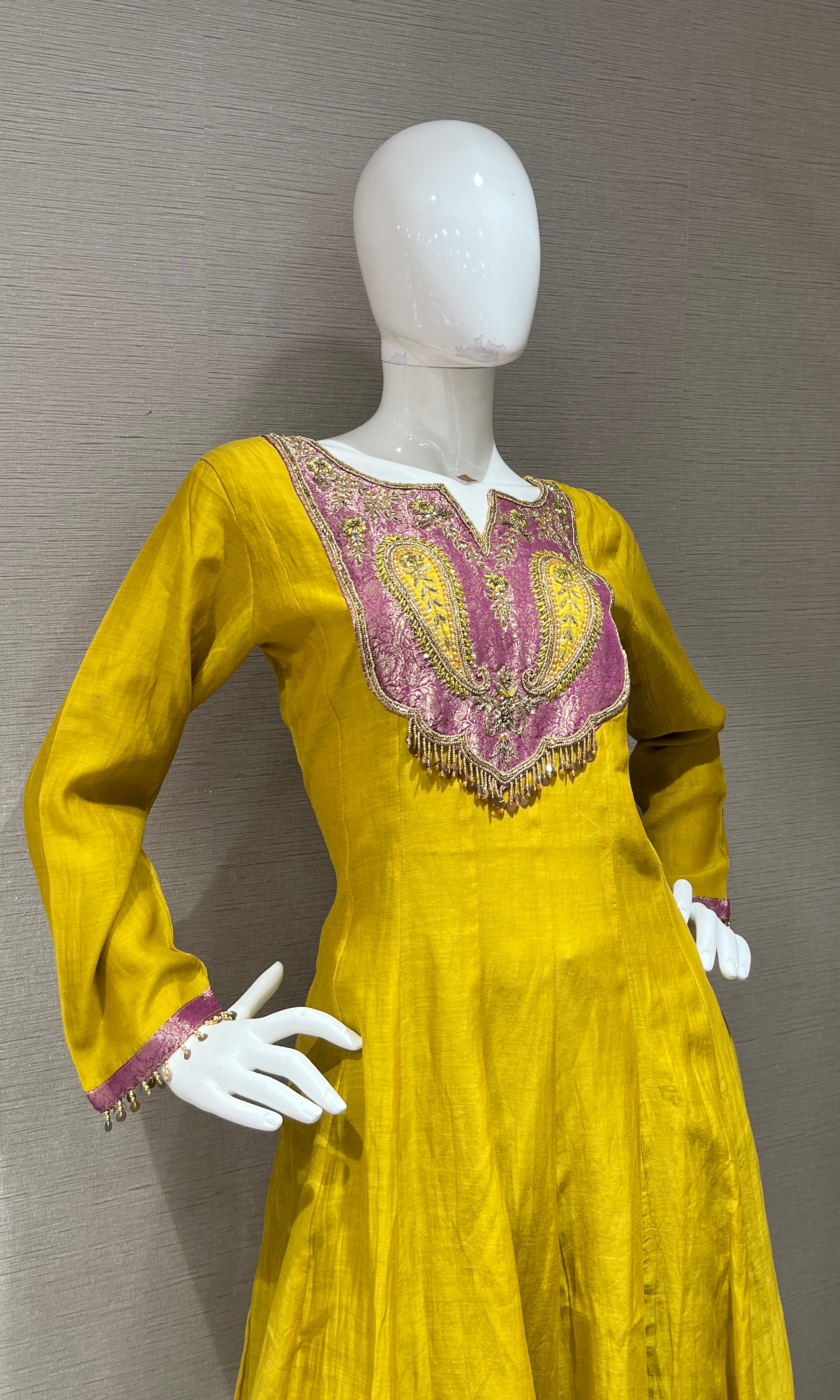 Mustard Anarkali Set with Magenta Dupatta