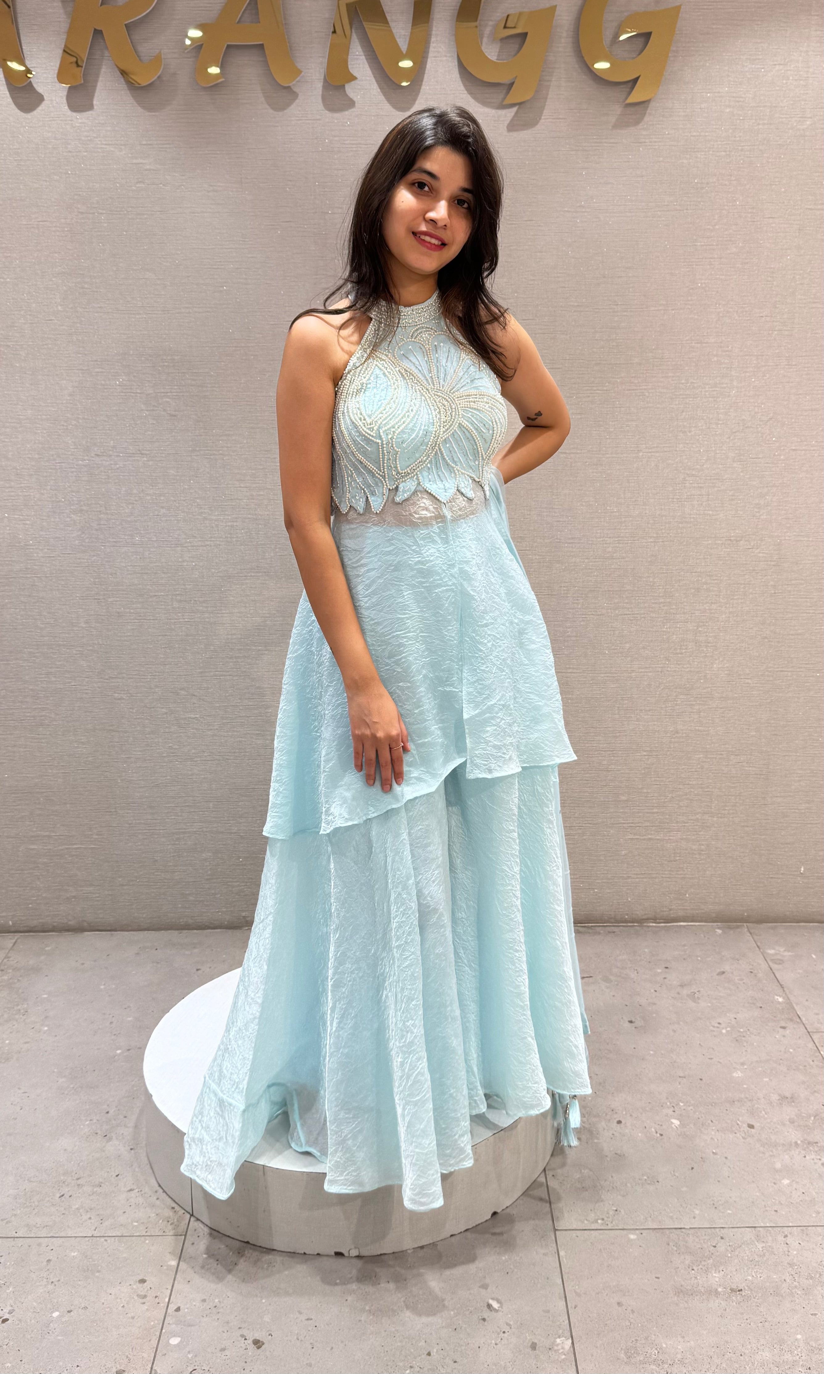 Sea blue Halter Neck Peplum Palazzo Set