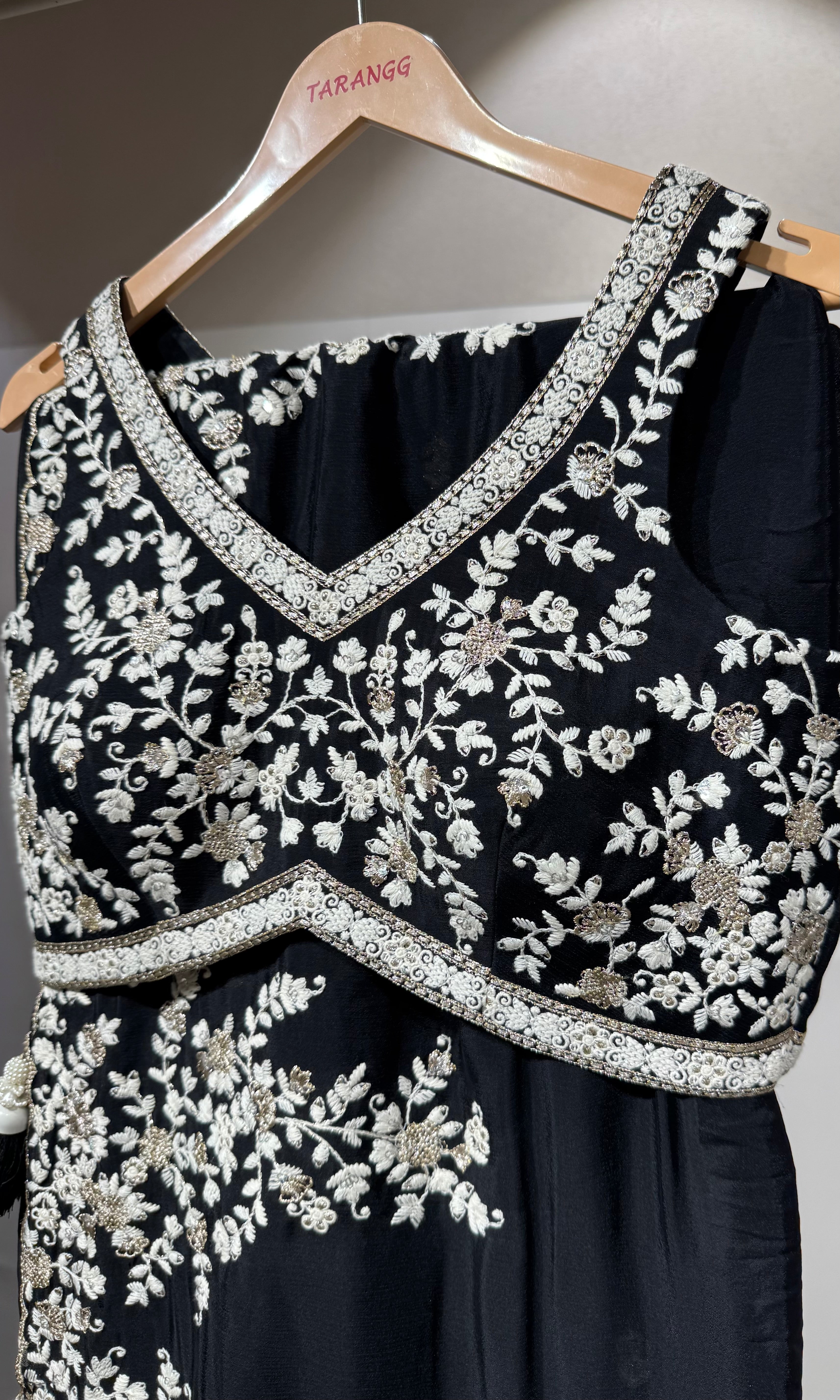 Black Embroidered Saree with V-Neck Blouse