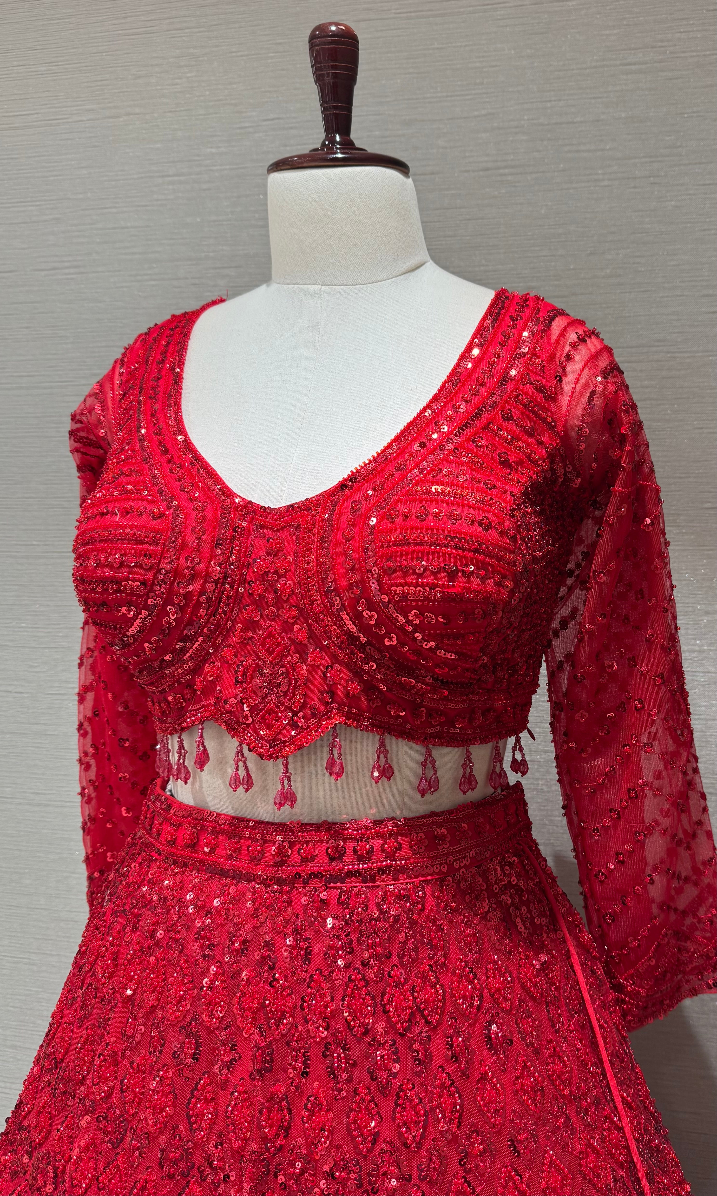 Ruby Red Embellished Lehenga Choli with Sequin Net Dupatta