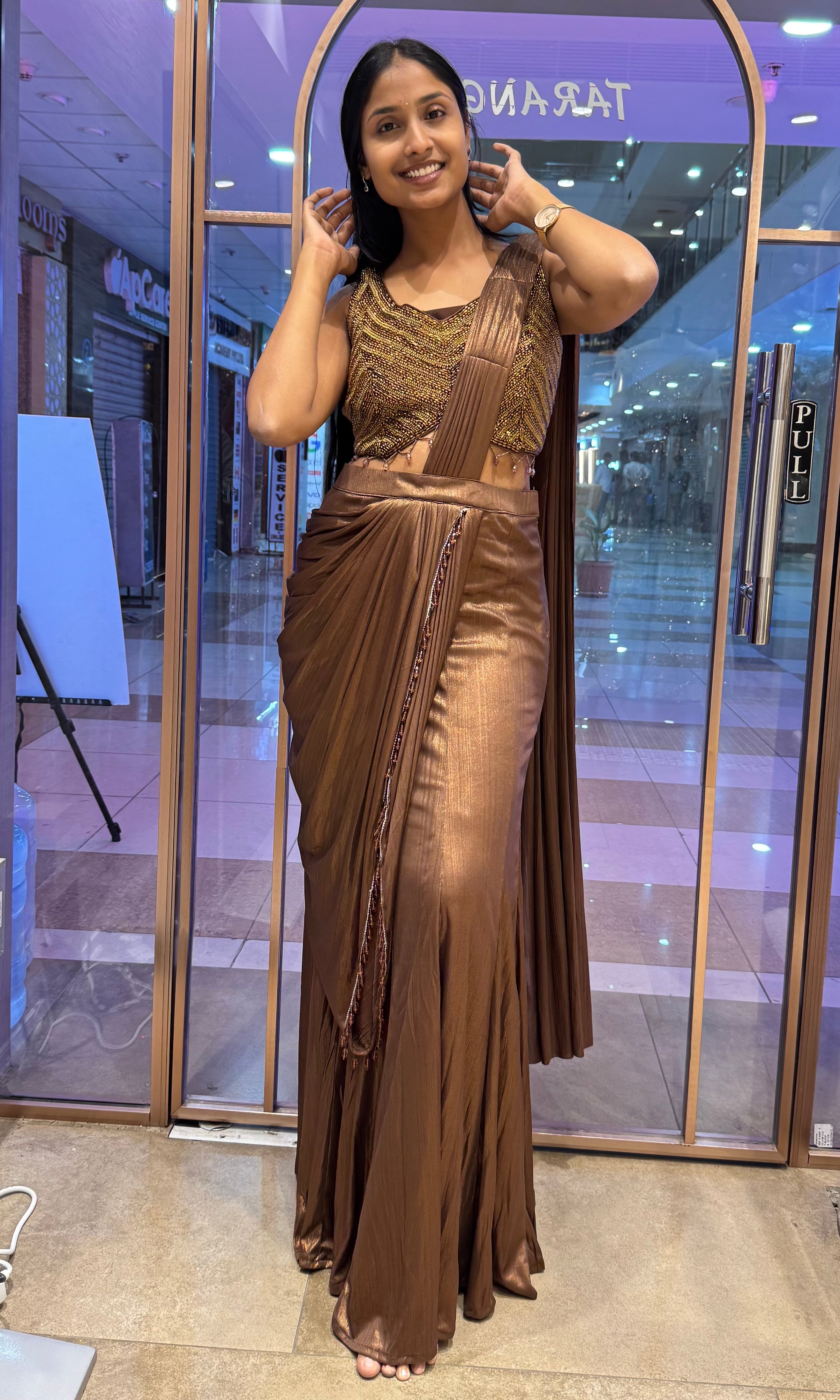 Copper Drape Saree with Beaded Blouse