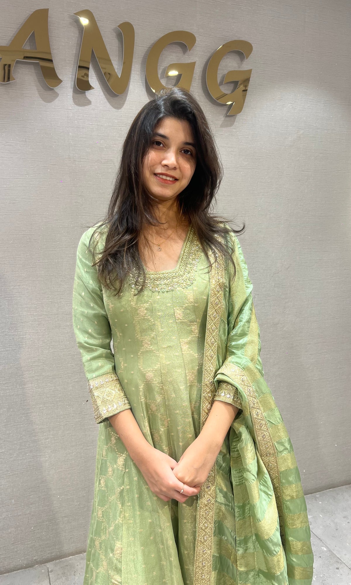 Pista Green silk Anarkali Set Golden Embroidery with Dupatta