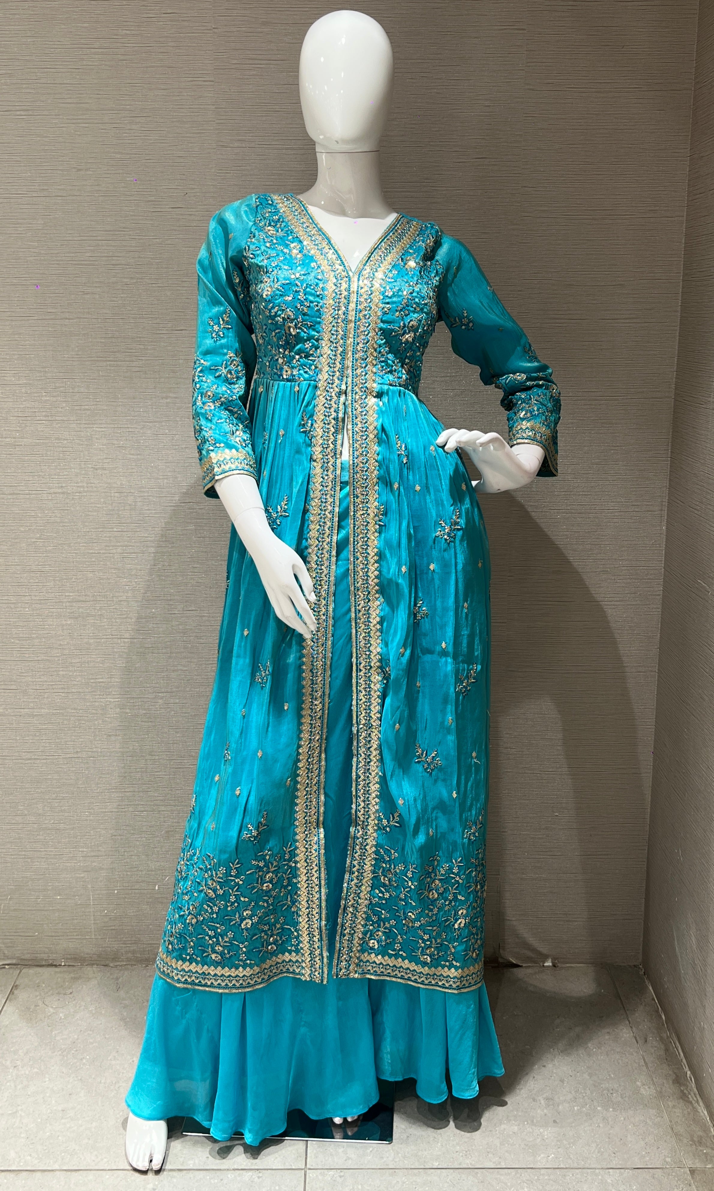 Sea Blue Front Slit Anarkali With Palazoo