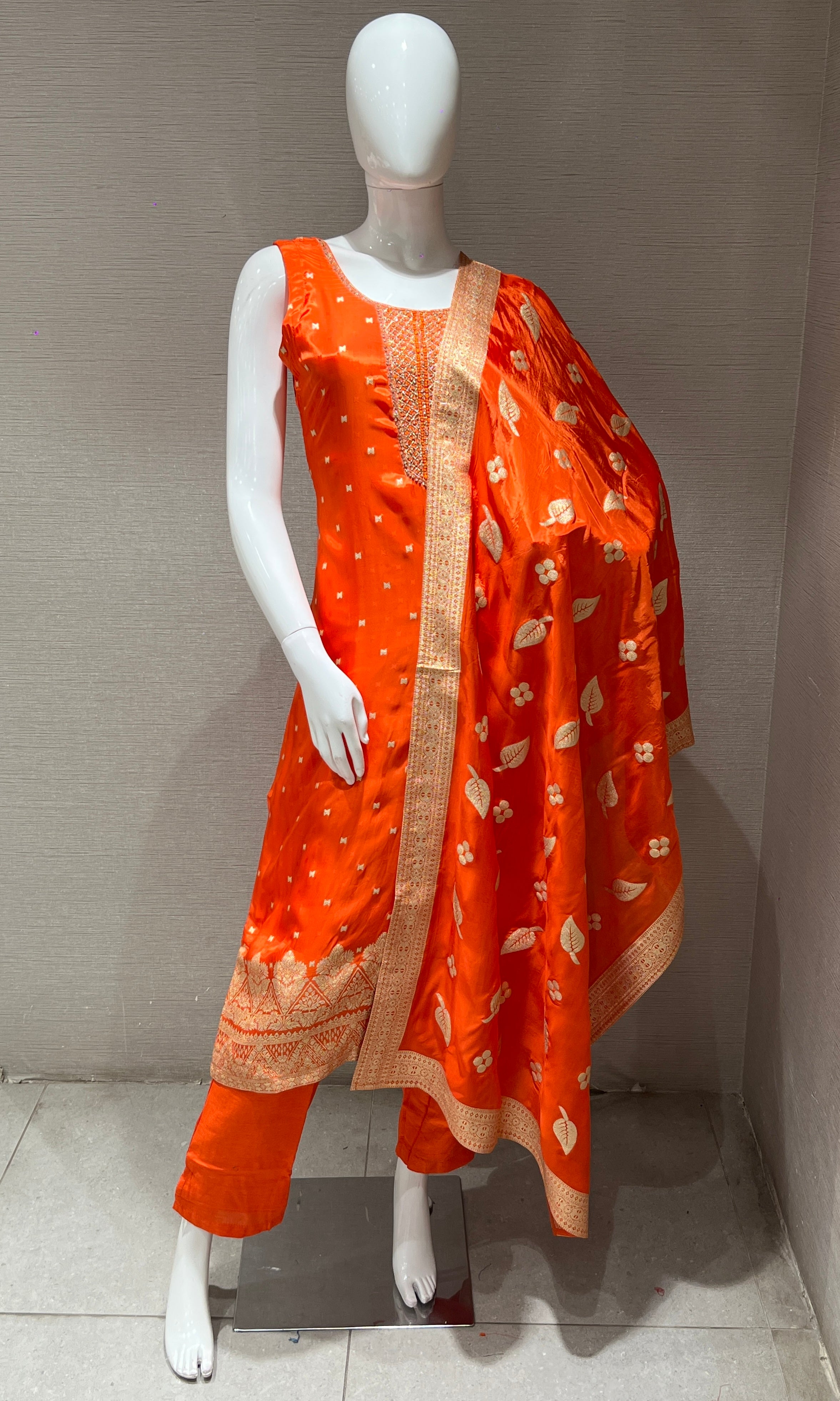 Orange kurta set with Golden Embroidery