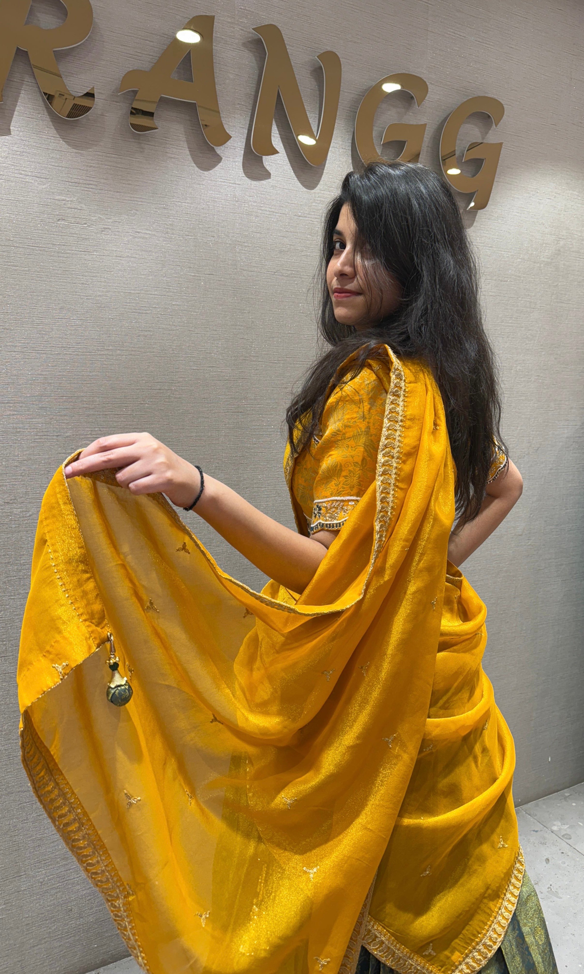 Green yellow silk pattu Lehenga