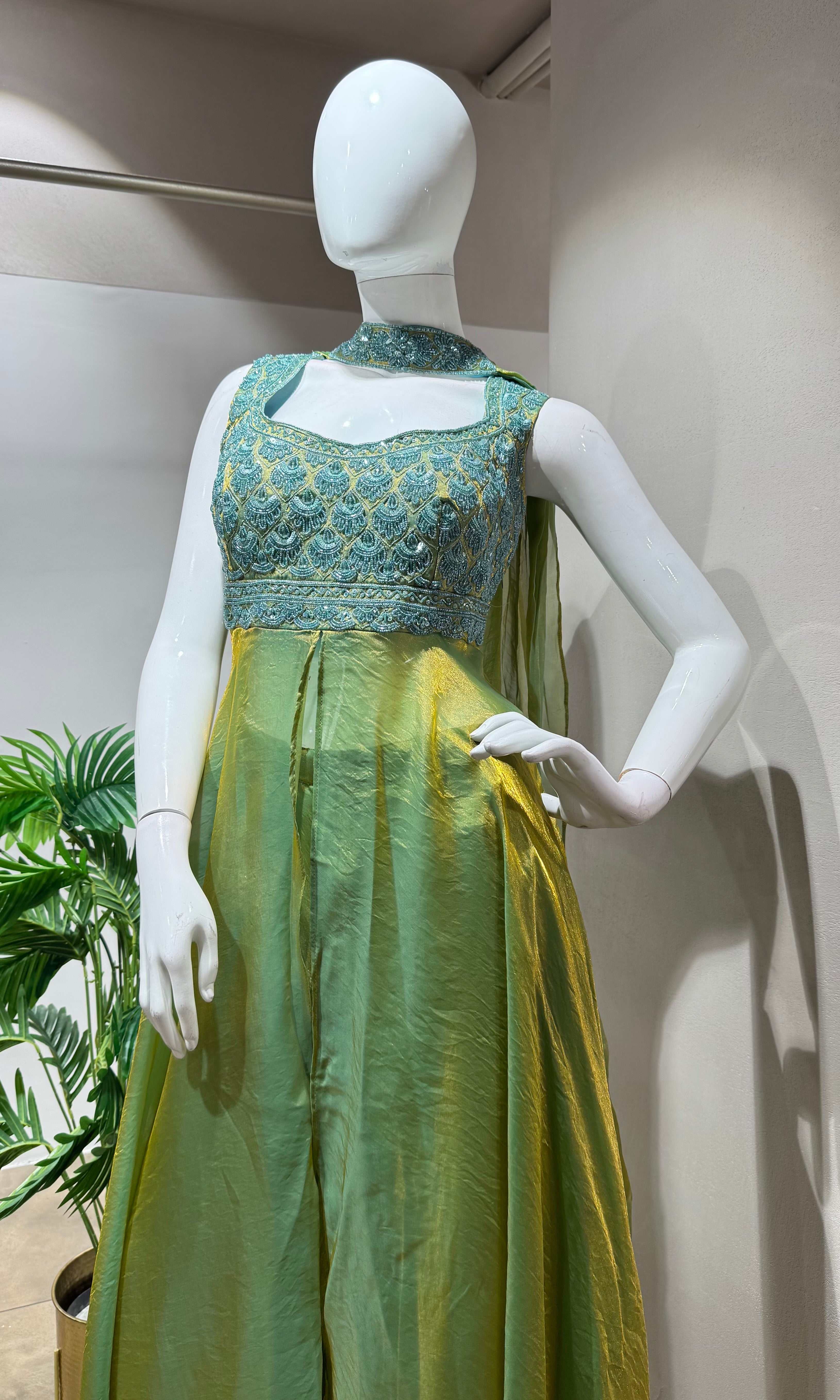 RAMA GREEN A LINE SHIMMER TISSUE PALAZZO SET