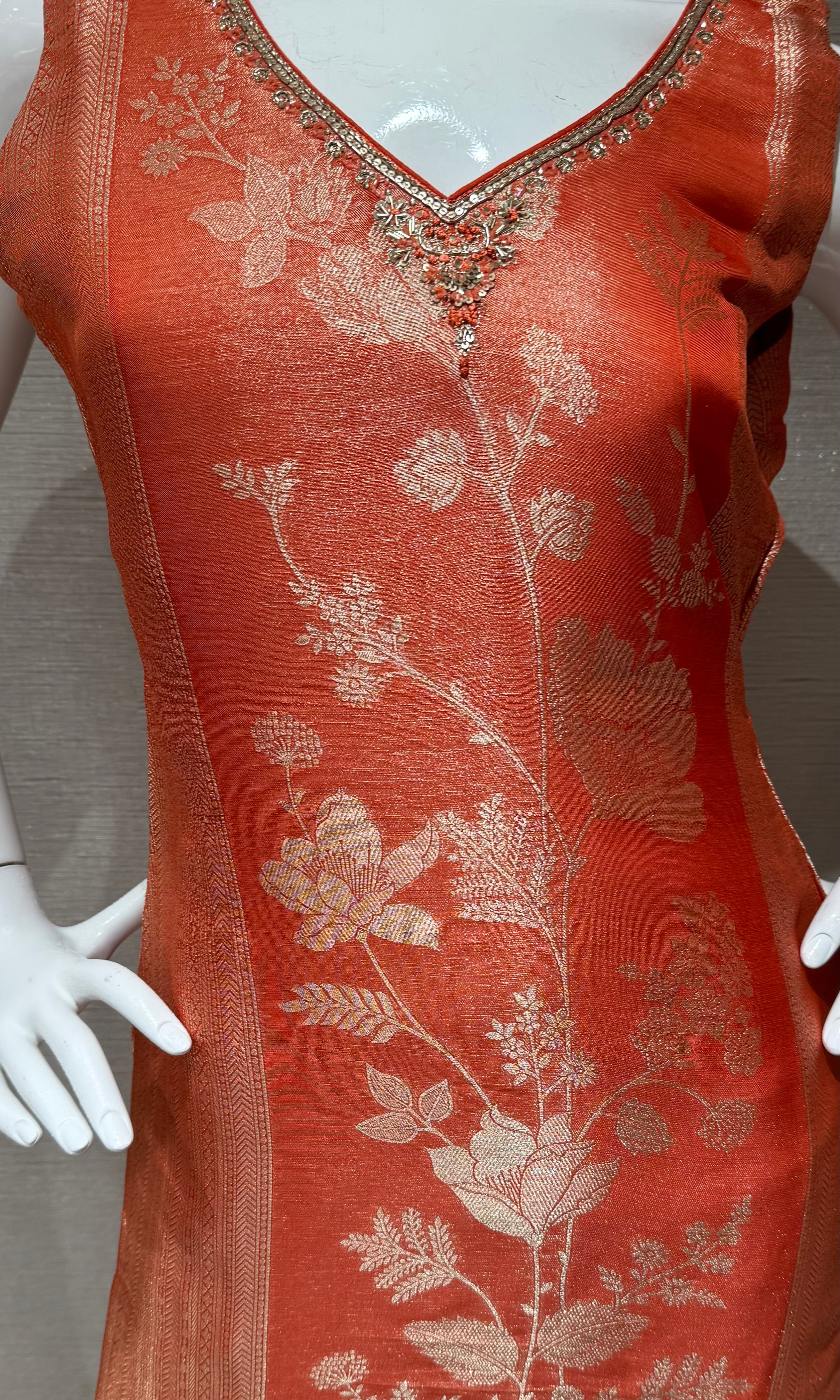 Orange golden floral Brocade Kurta Set